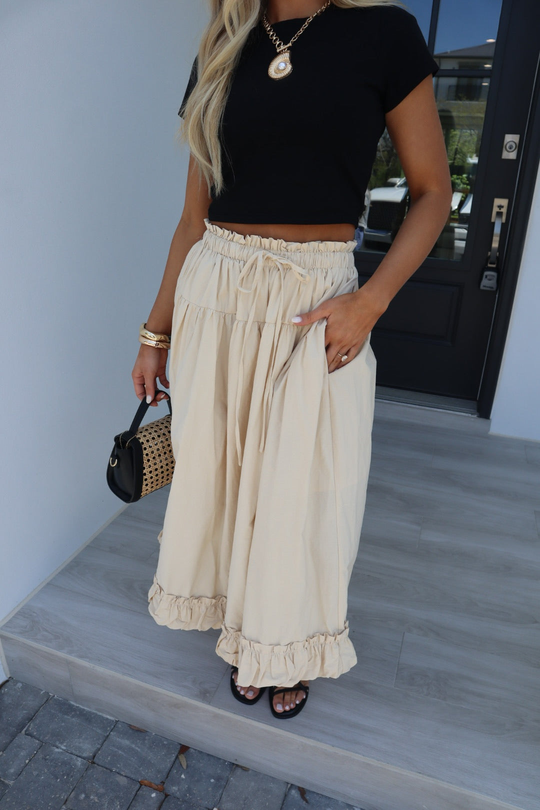 Balloon Hem Midi Skirt-Light Beige