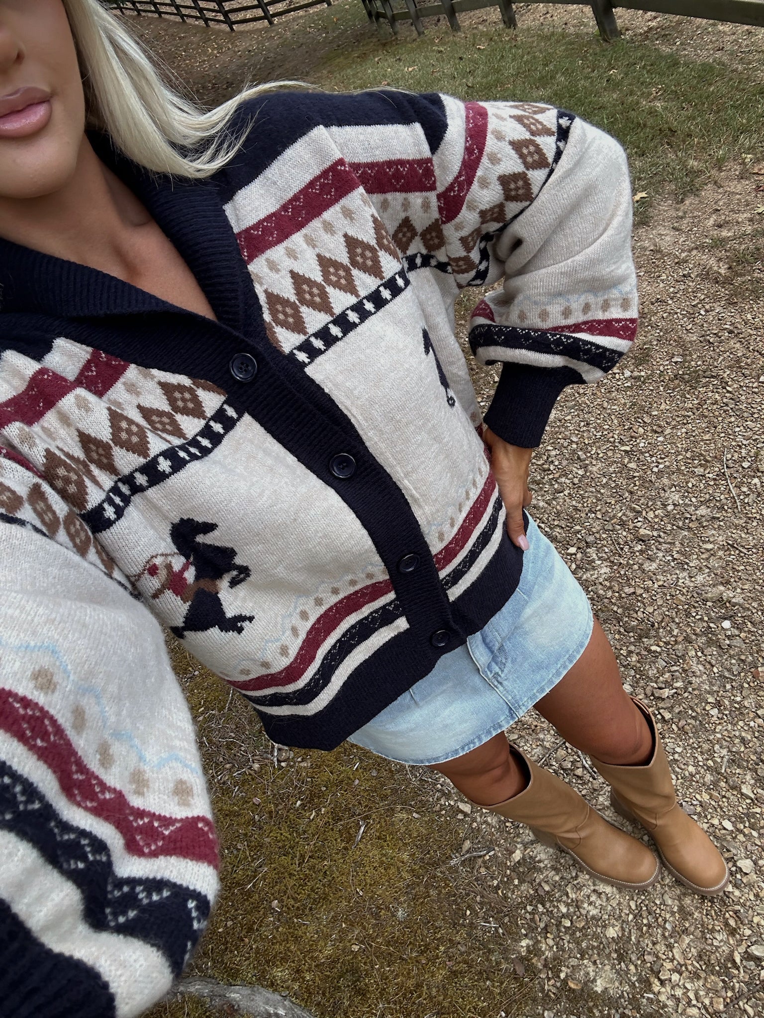 Horse Motif Sweater Cardigan-Cream Multi