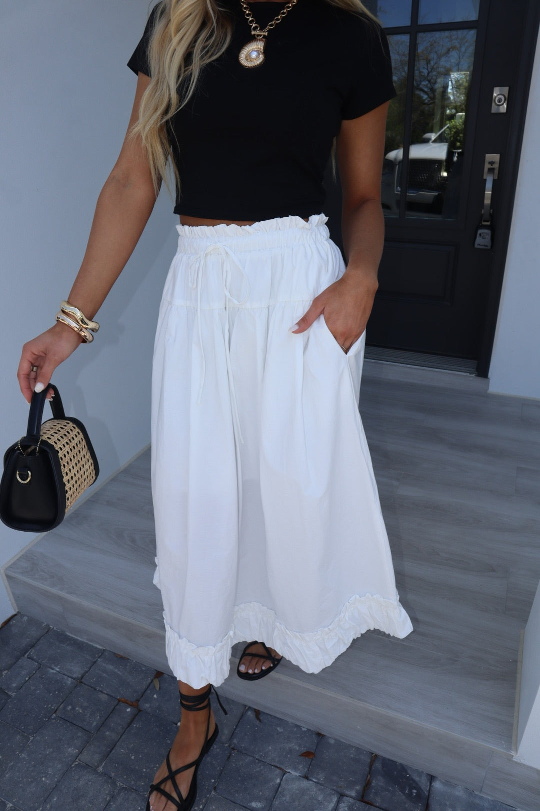 Balloon Hem Midi Skirt-White