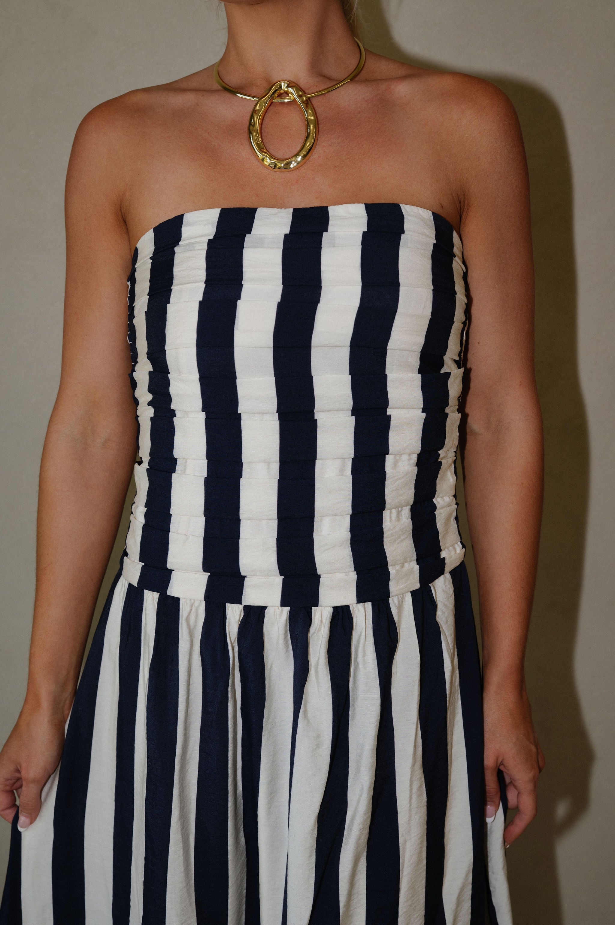 Vertical Stripe Strapless Midi Dress-Navy