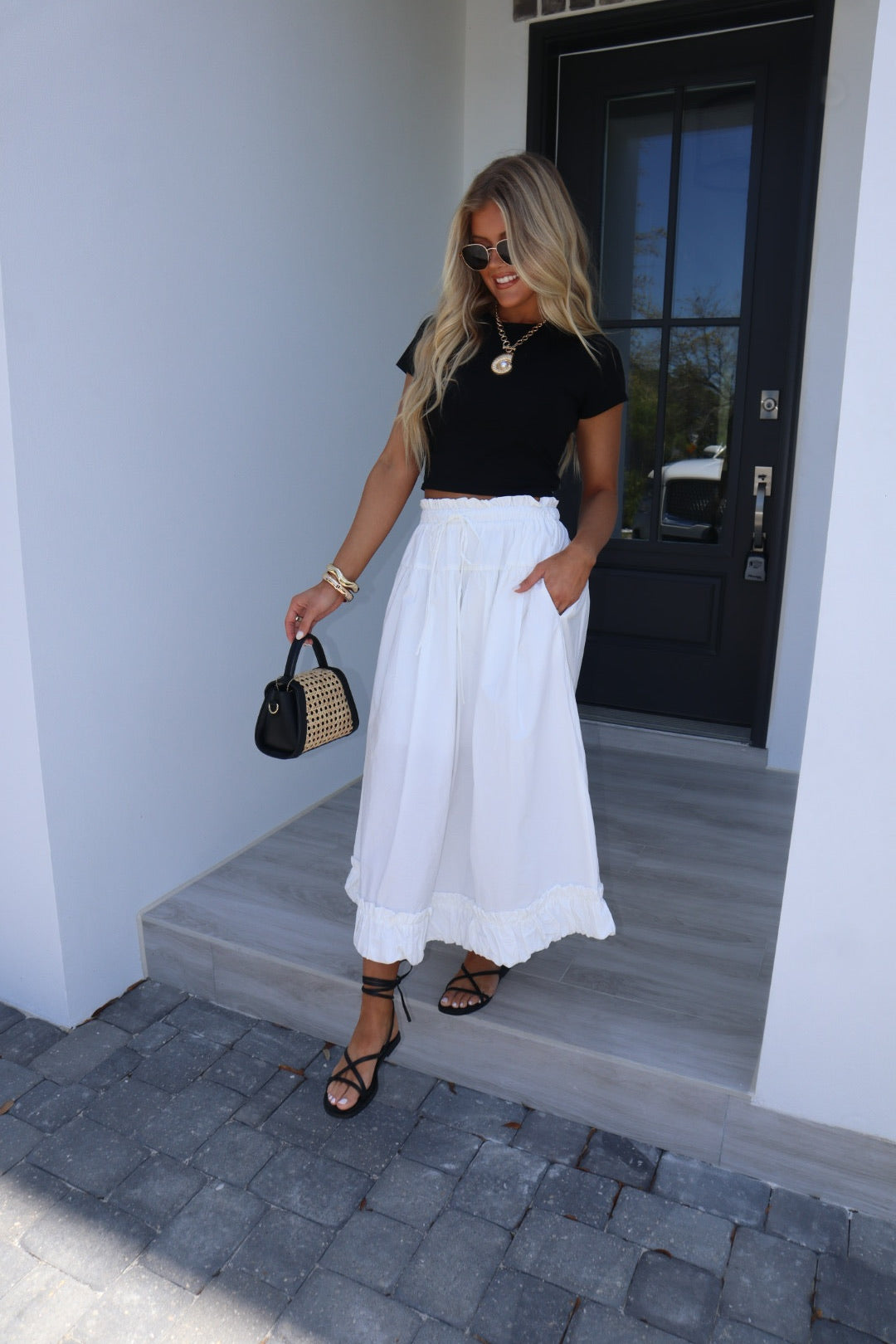 Balloon Hem Midi Skirt-White