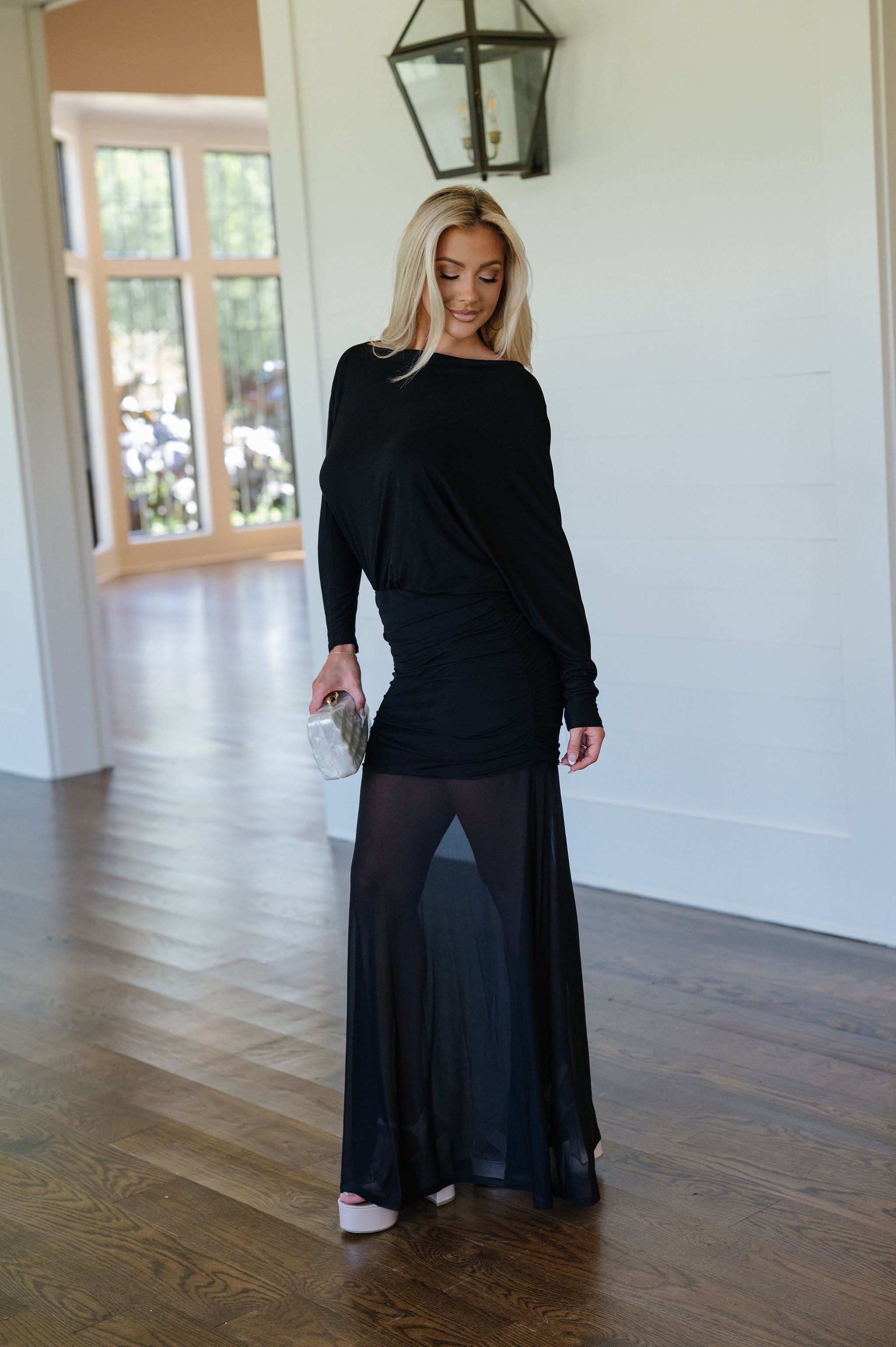 Savannah Ruched Mesh Maxi Dress-Black