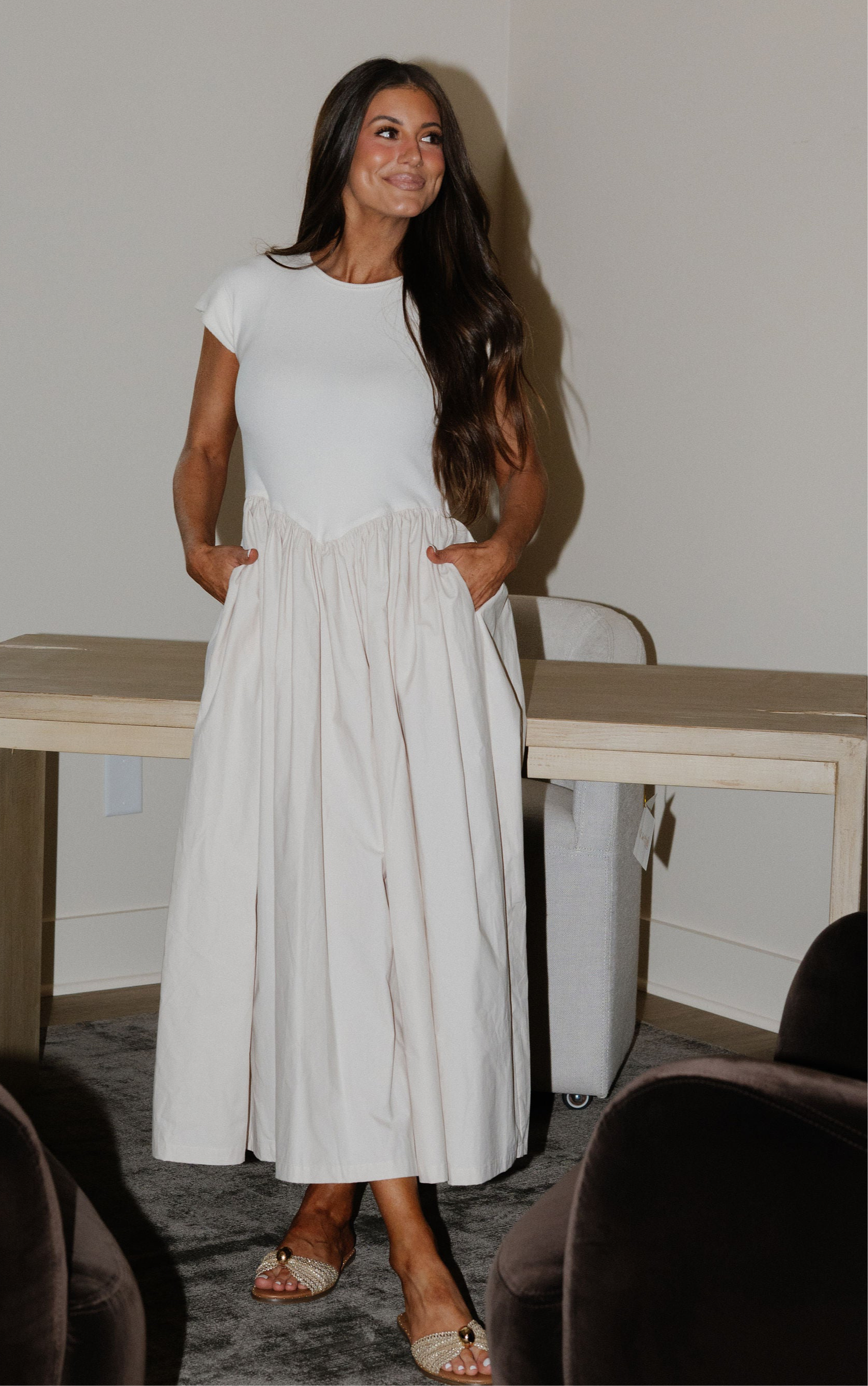 Jamie Contrasted Dress-Cream