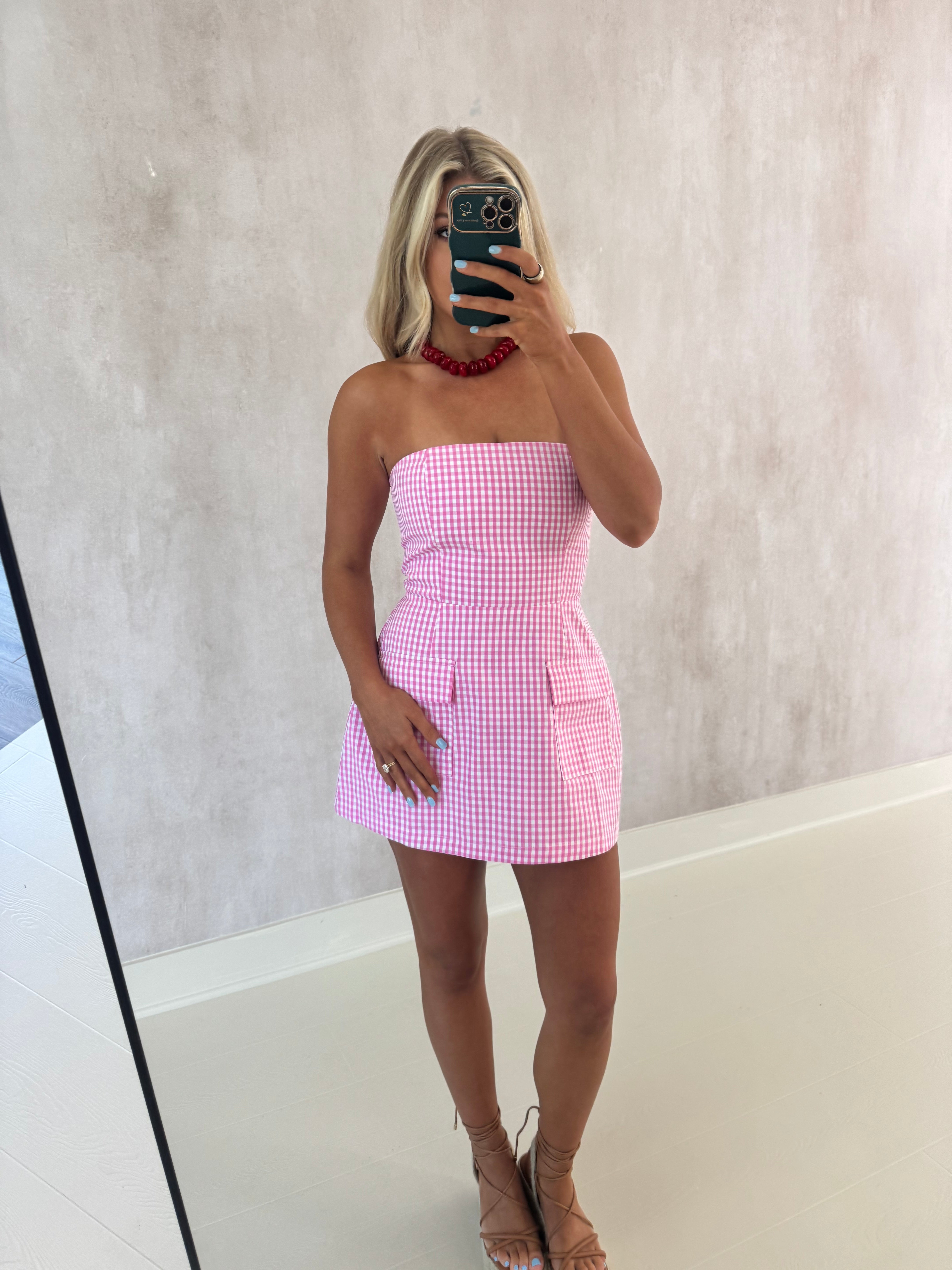 Harper Pocketed Mini Dress-Pink Gingham