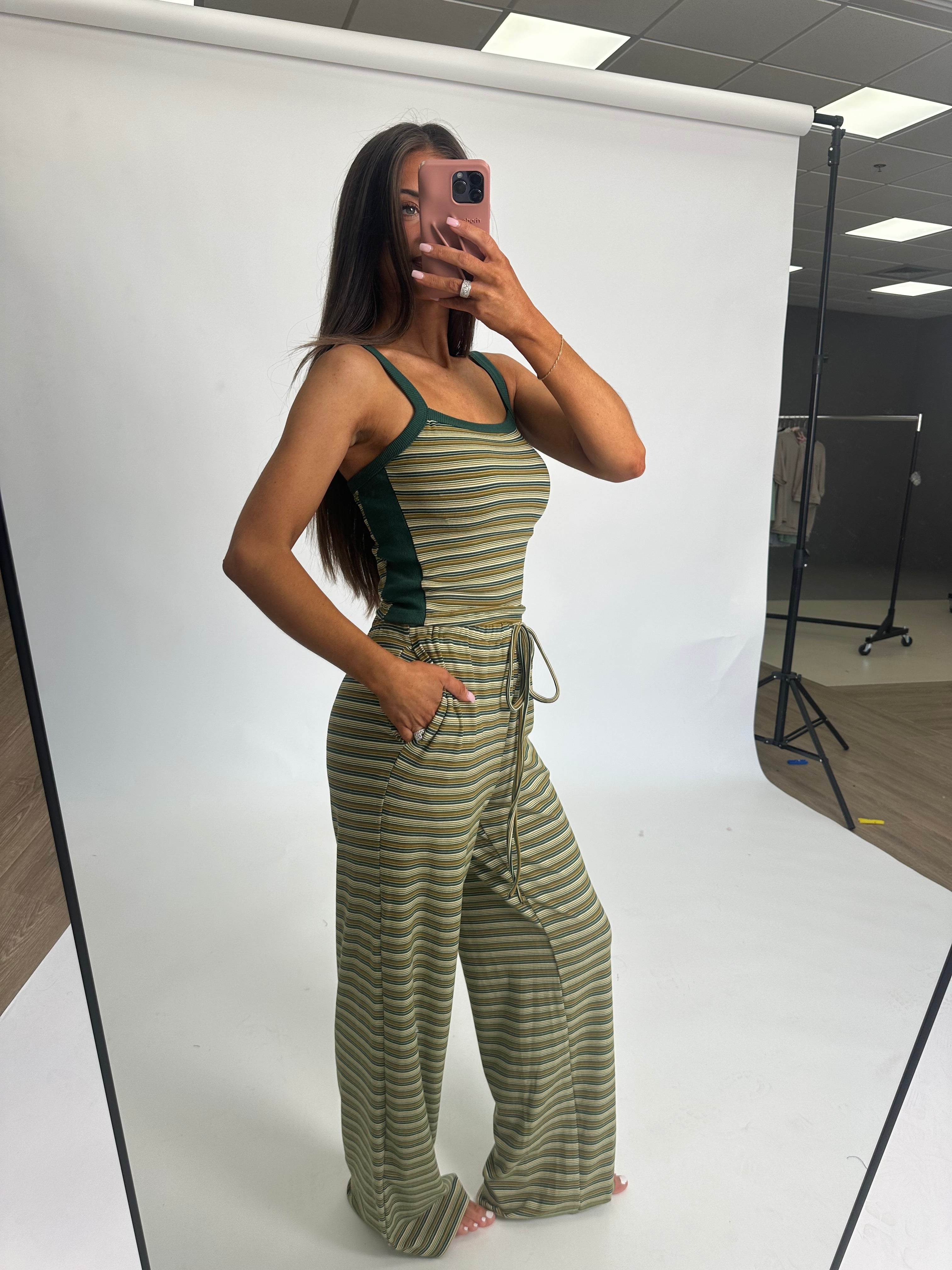 Gracie Striped Pants Set- Green