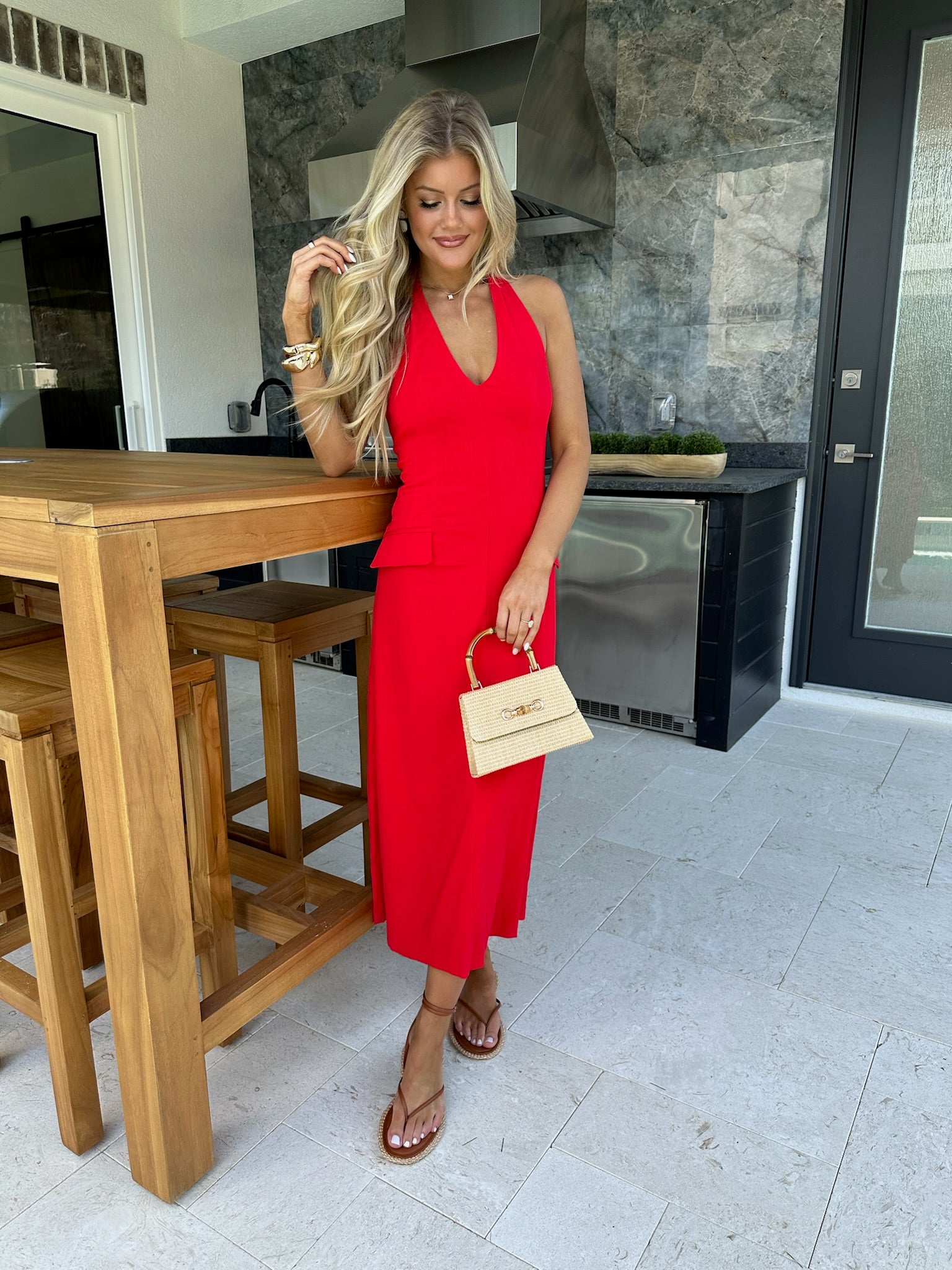 Tavern Halter Midi Dress-Red