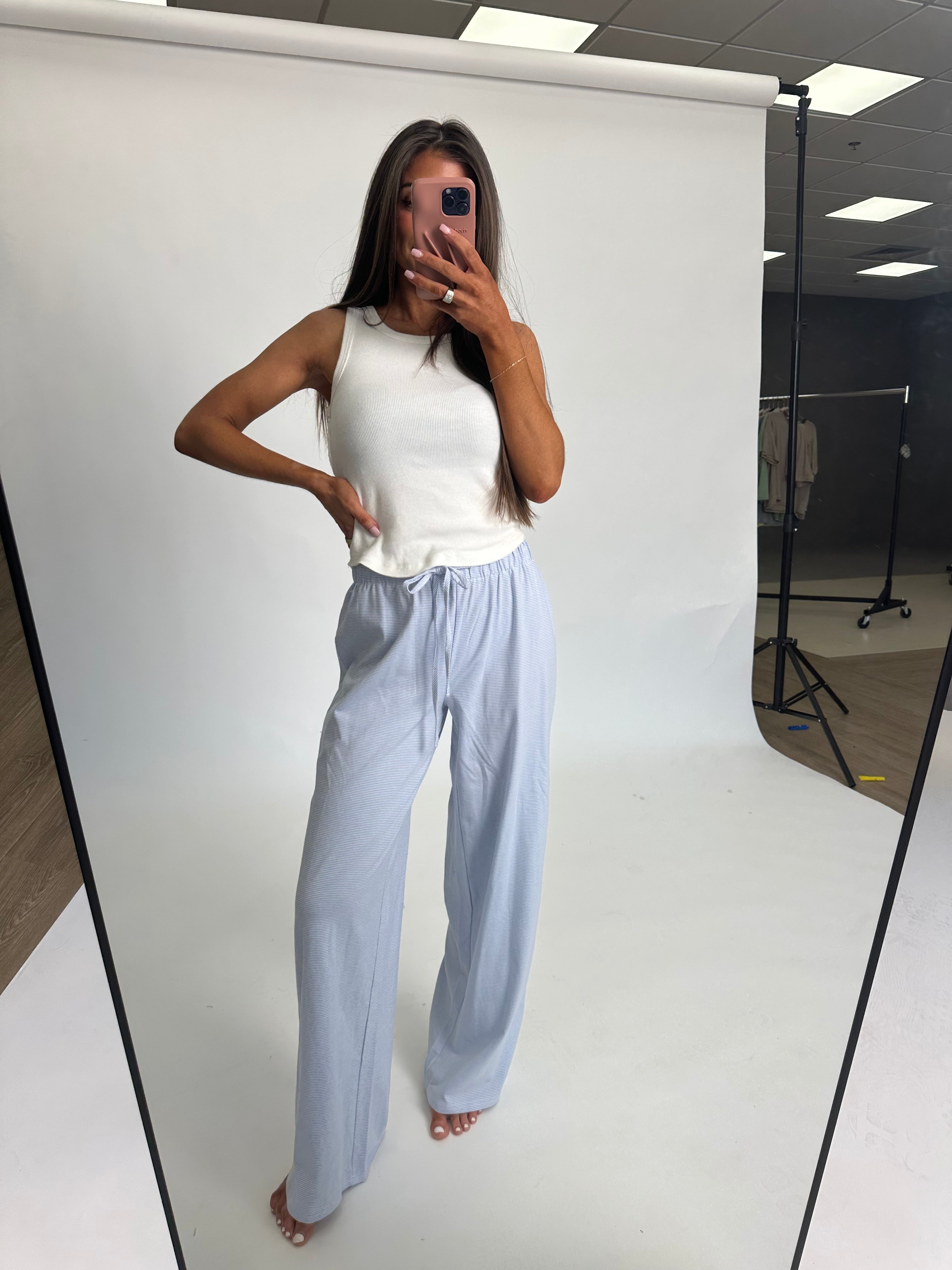 Cozy Striped Lounge Pants-Light Blue/White