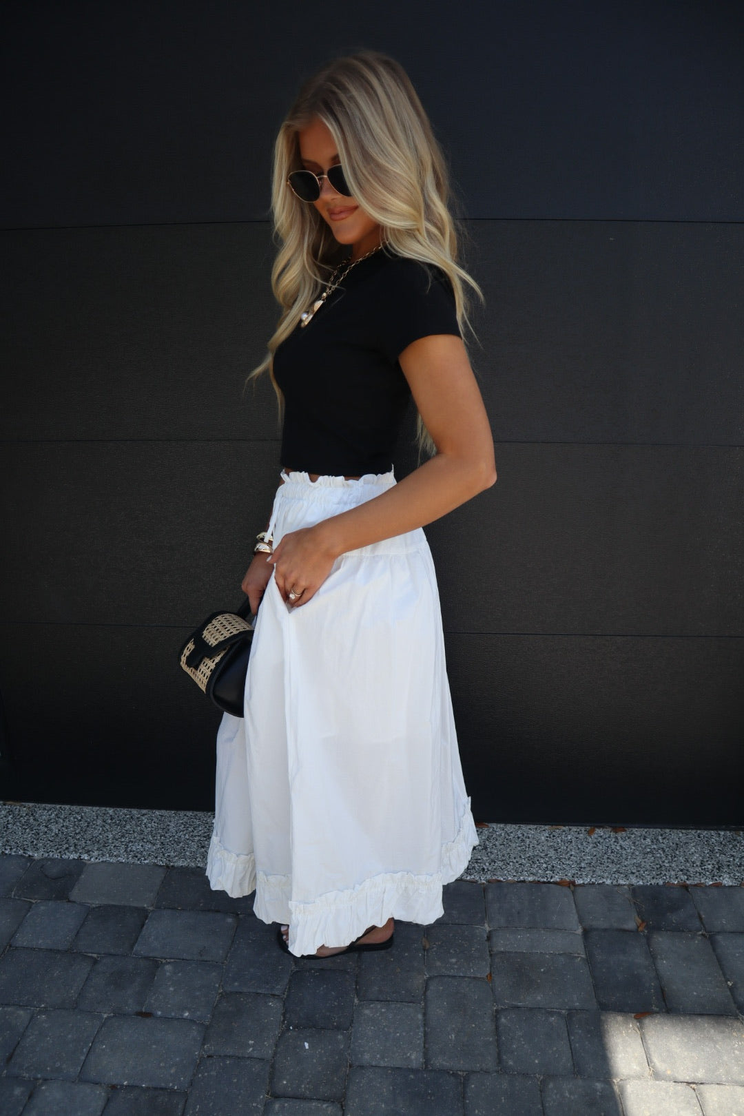 Balloon Hem Midi Skirt-White