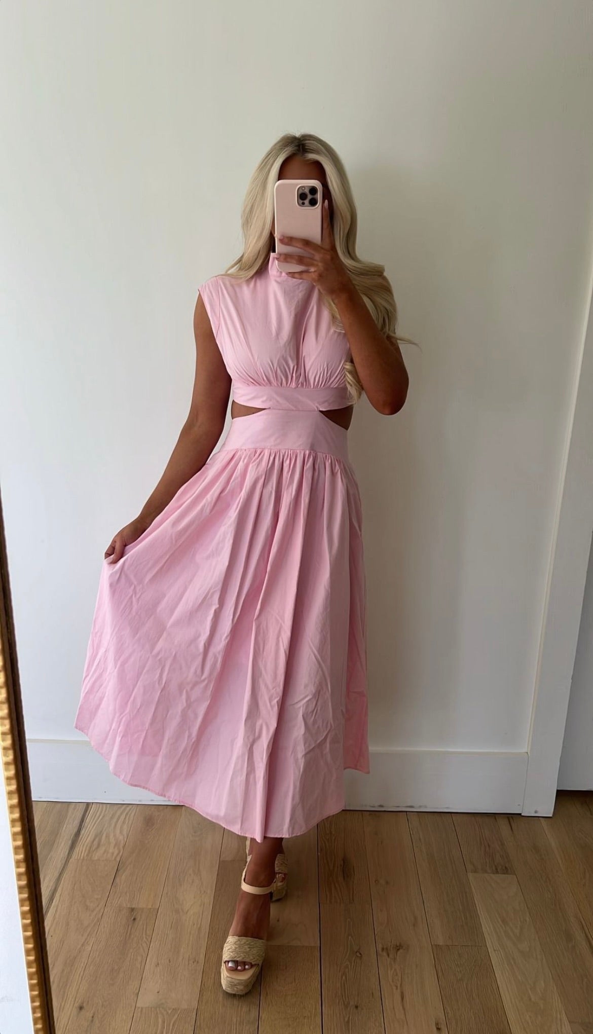 Waist Cut Out Midi Dress-Pink