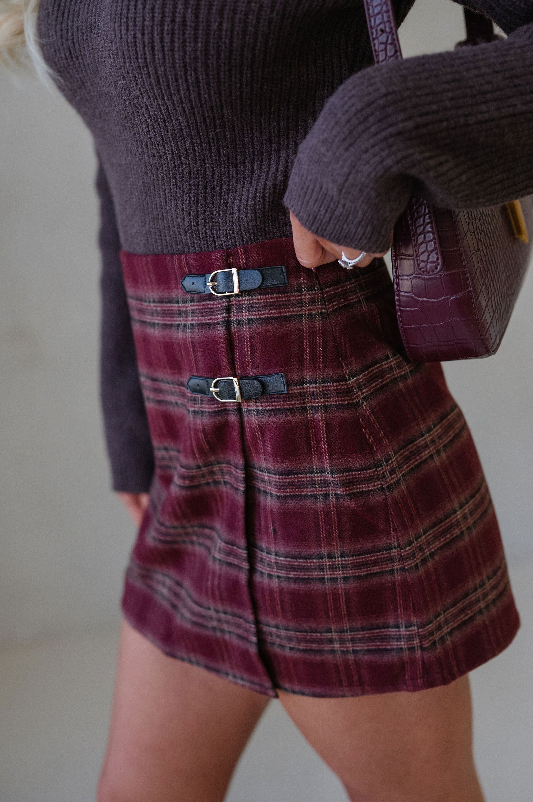 Elise Plaid Buckle Skirt-Burgundy Multi