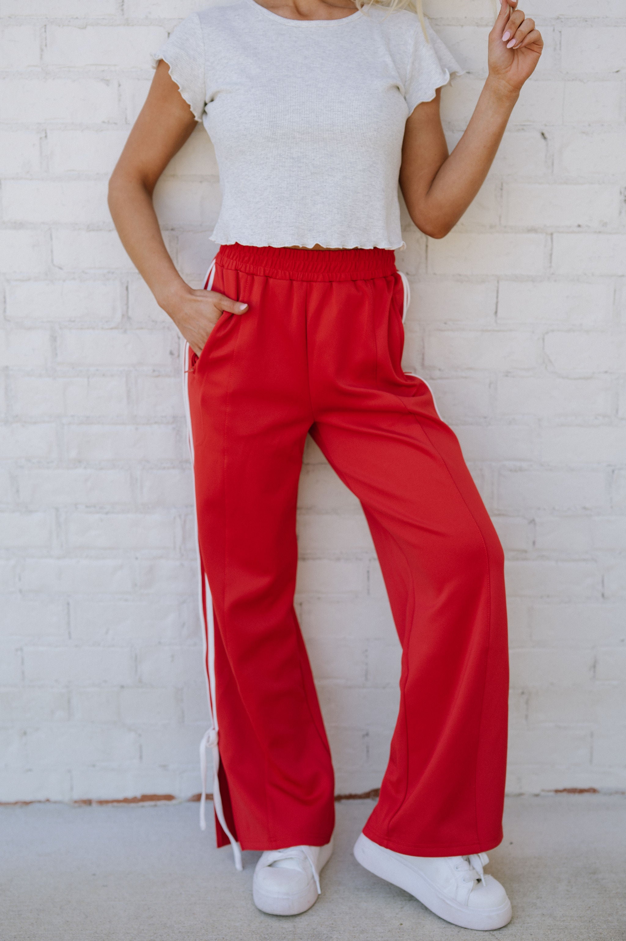Tie Track Pants-Red/White