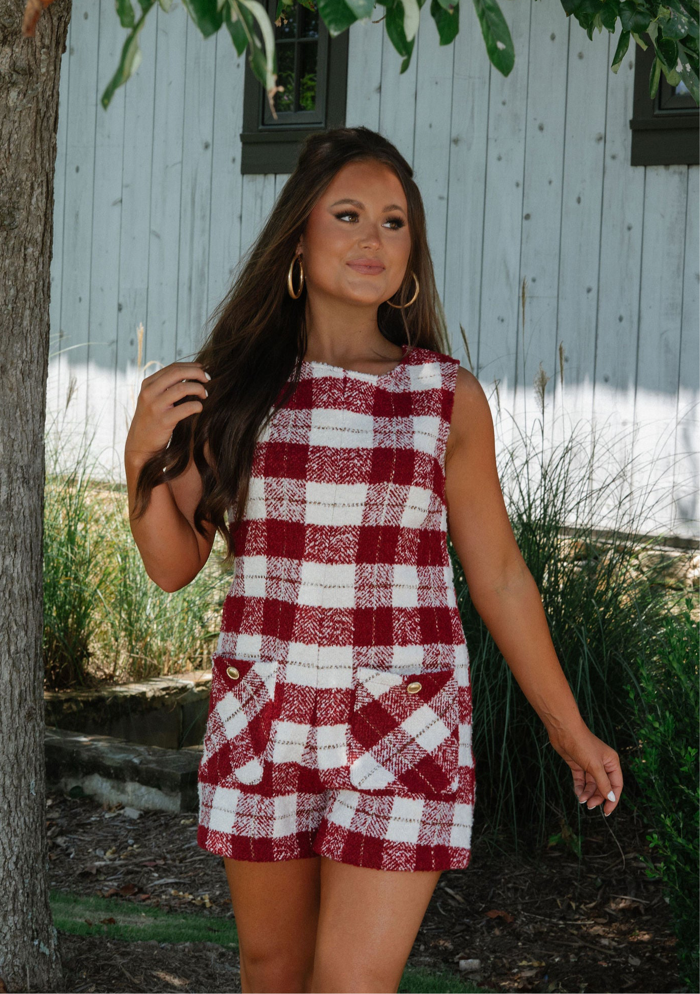 Pocketed Tweed Romper-Burgundy/Ivory