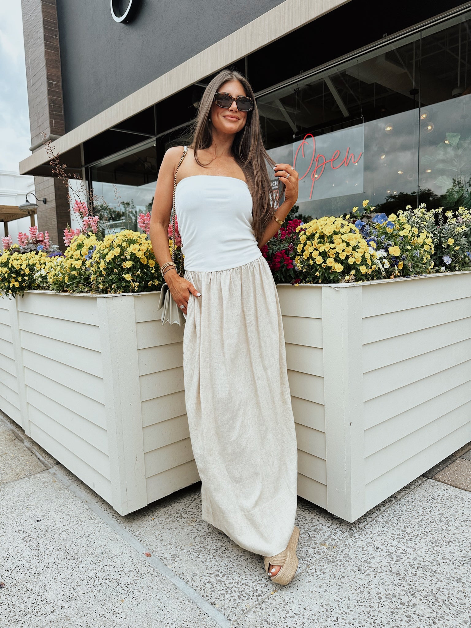 Linen Contrast Maxi Dress-White/Oatmeal