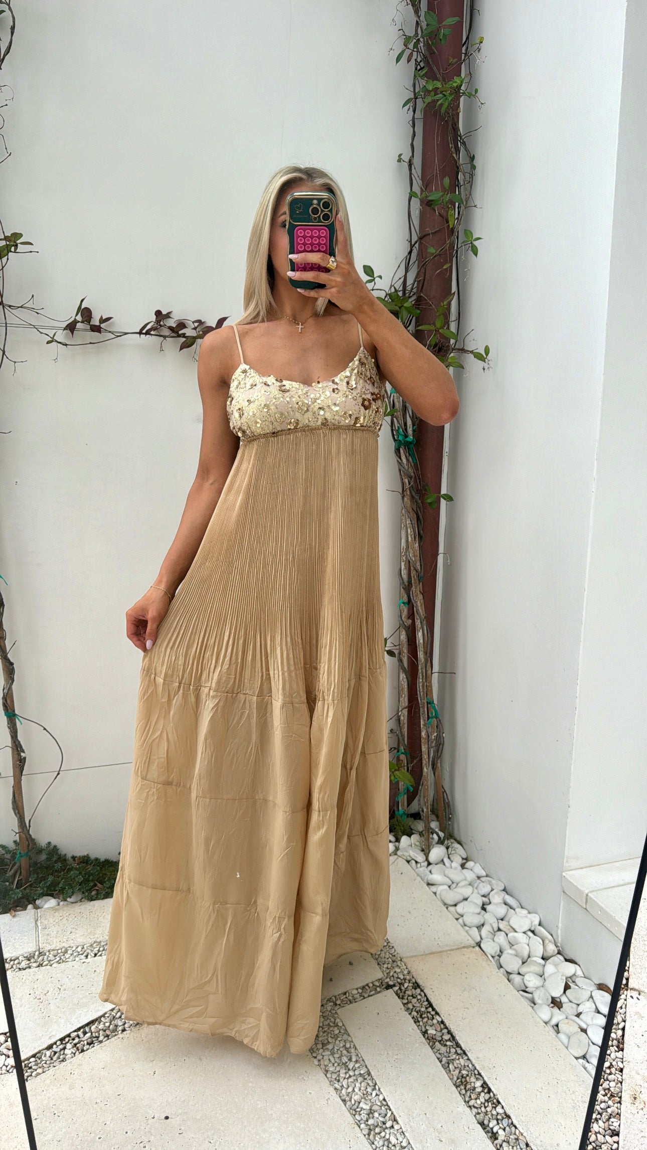 Tyler Sequin Detail Maxi Dress-Tan