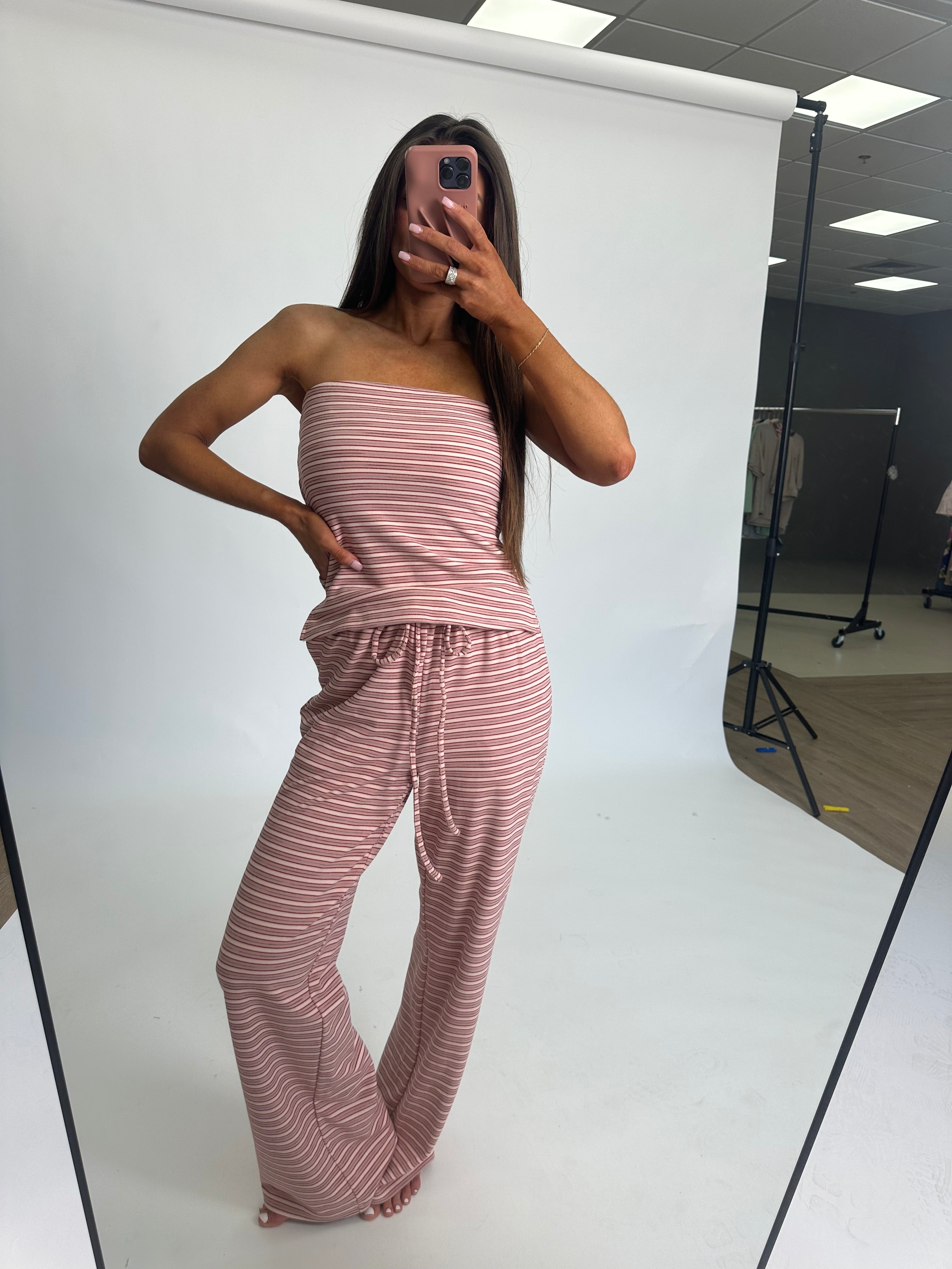 Brushed Striped Pants Set-Strawberry