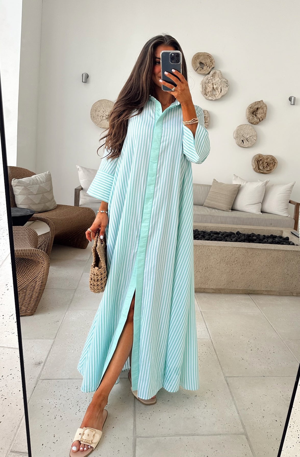Archer Striped Shirt Dress- Seafoam Green