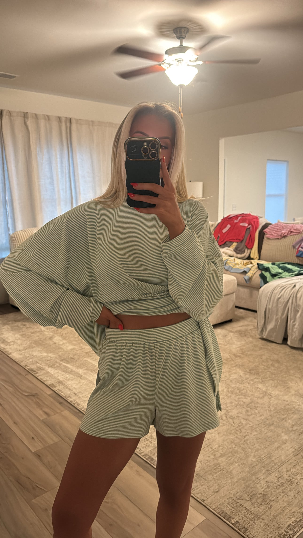 Luna Striped Ribbed Shorts-Mint