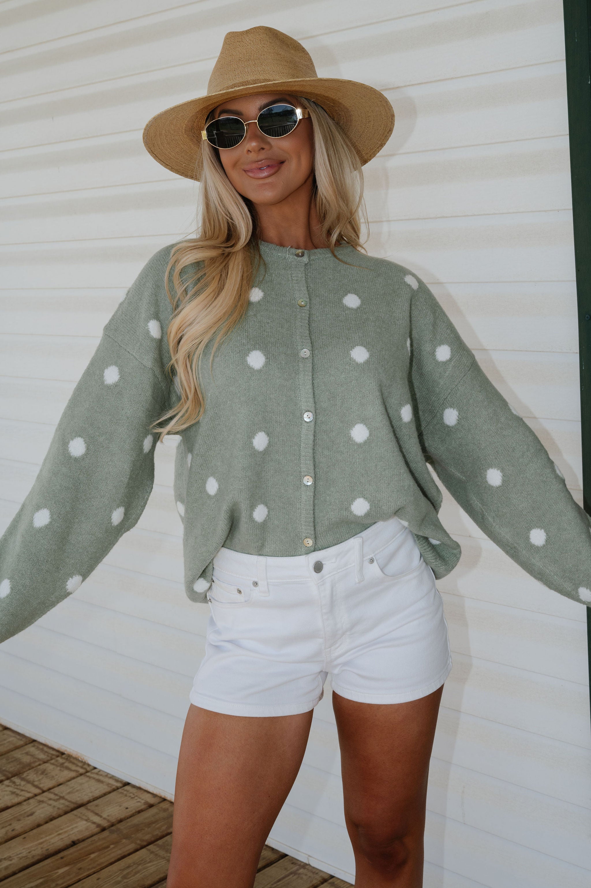 Corey Polka Dot Cardigan-Sage/White