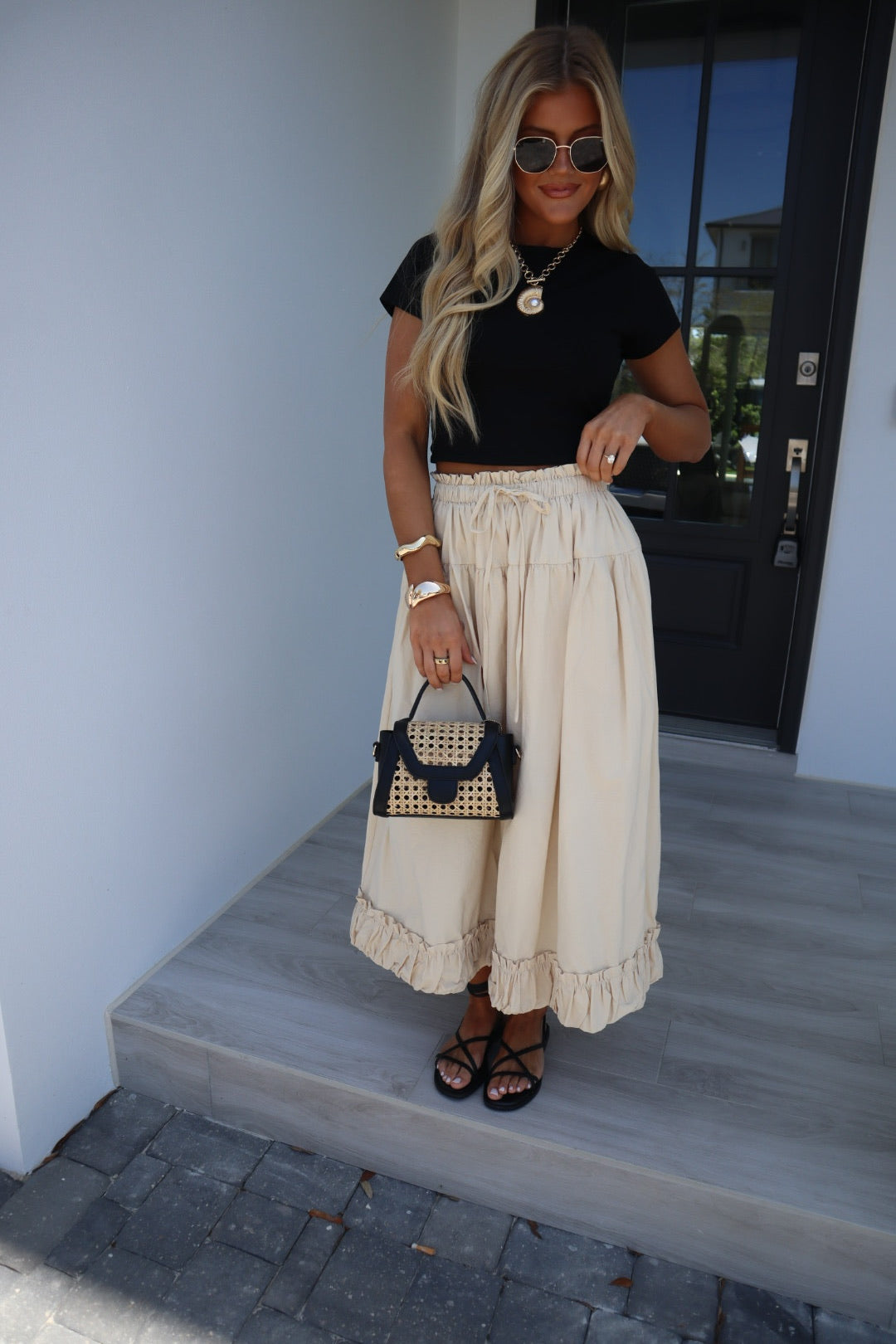 Balloon Hem Midi Skirt-Light Beige