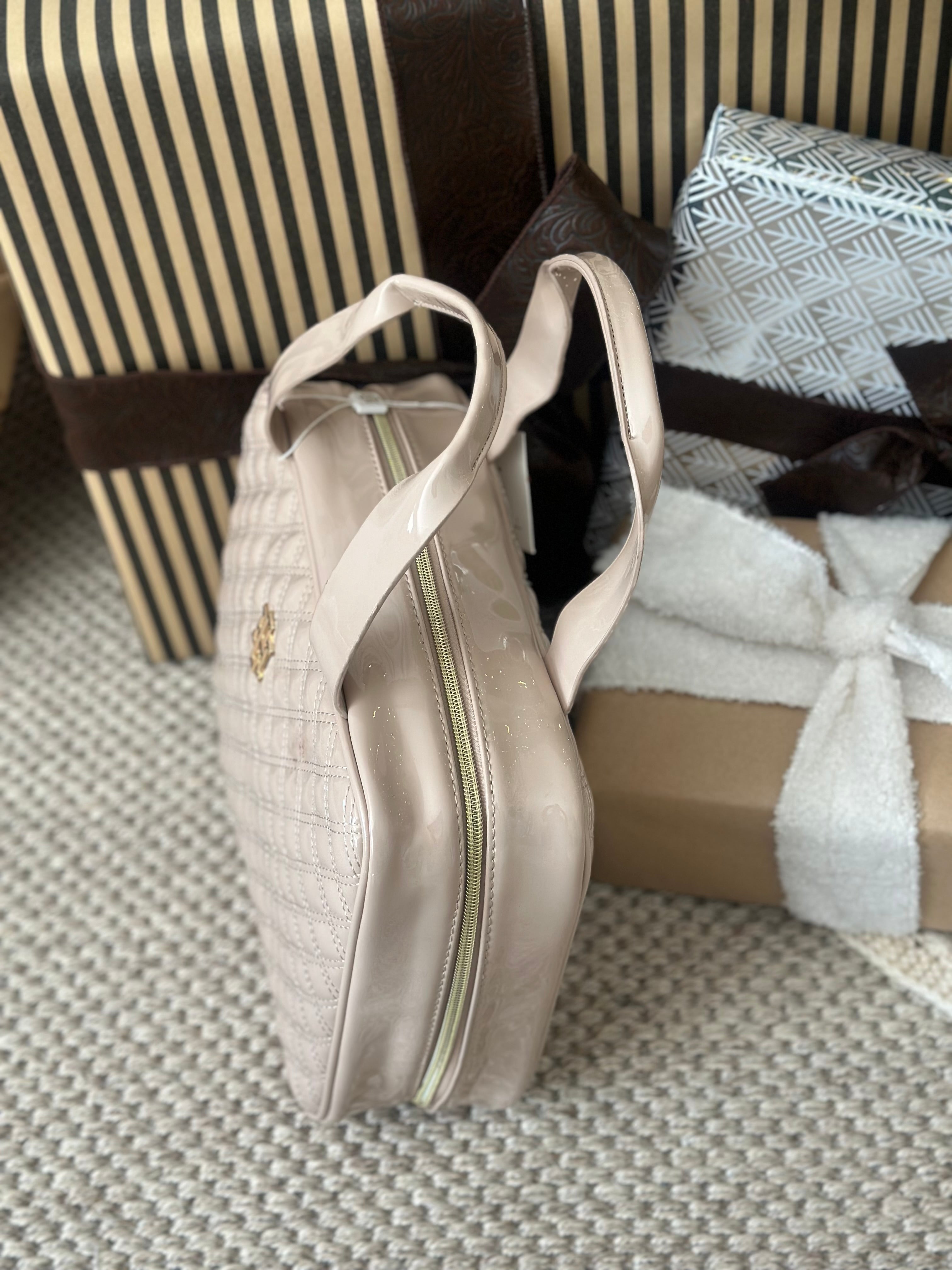 Patent Leather Quilted Makeup Bag- Nude