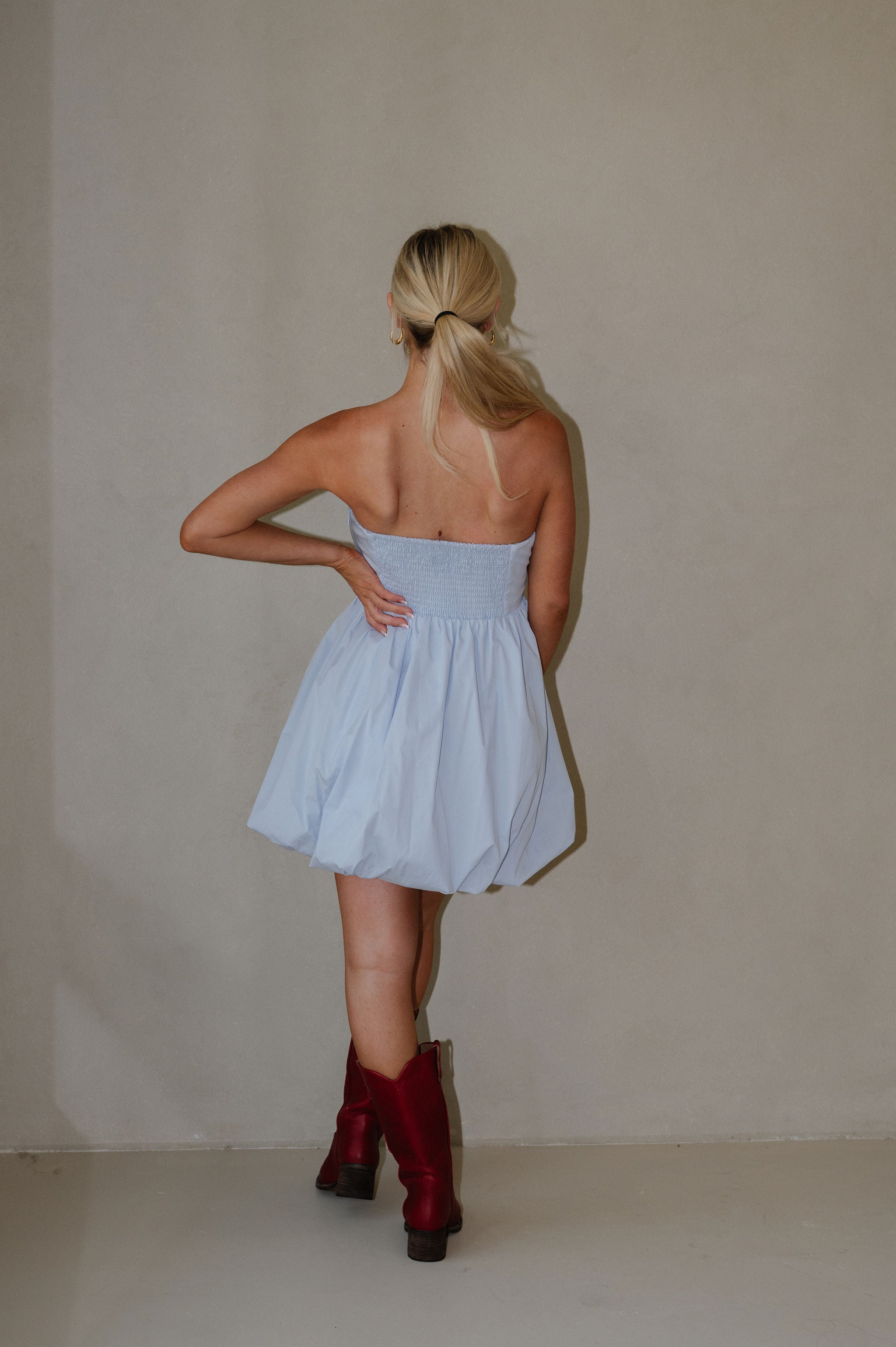 Poplin Bubble Mini Dress-Baby Blue