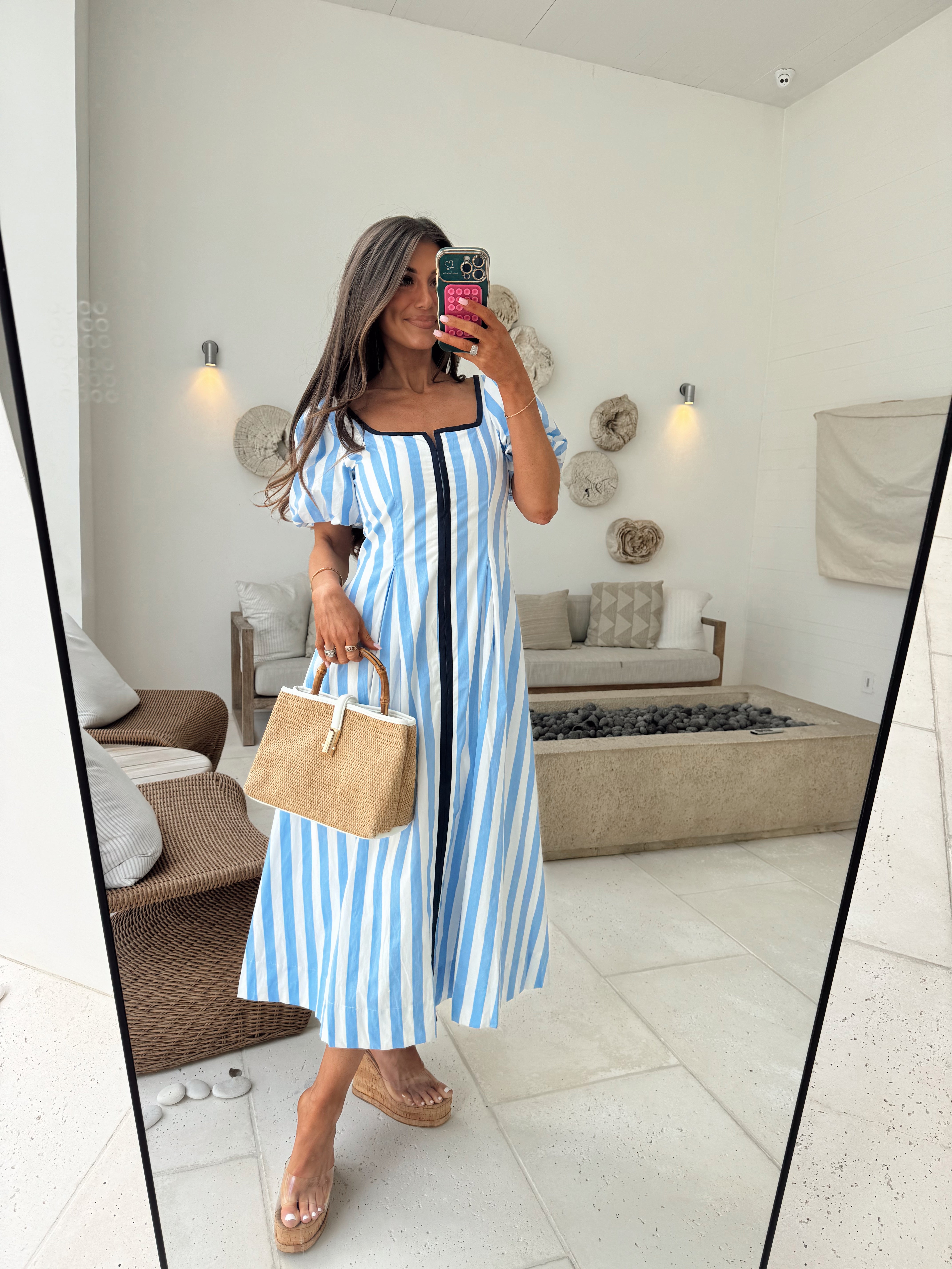 Kady Puff Sleeve Midi Dress-Blue