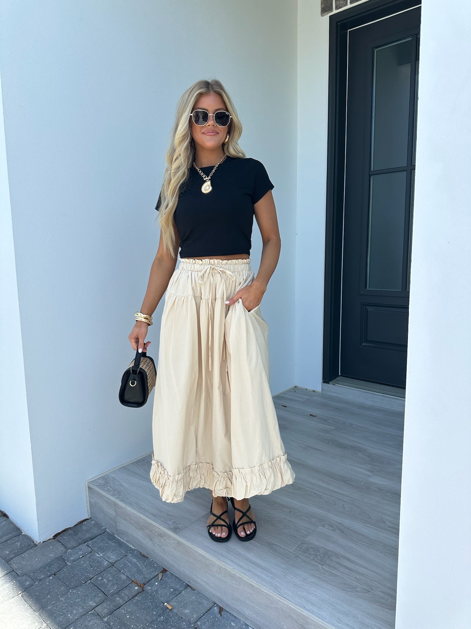 Balloon Hem Midi Skirt-Light Beige