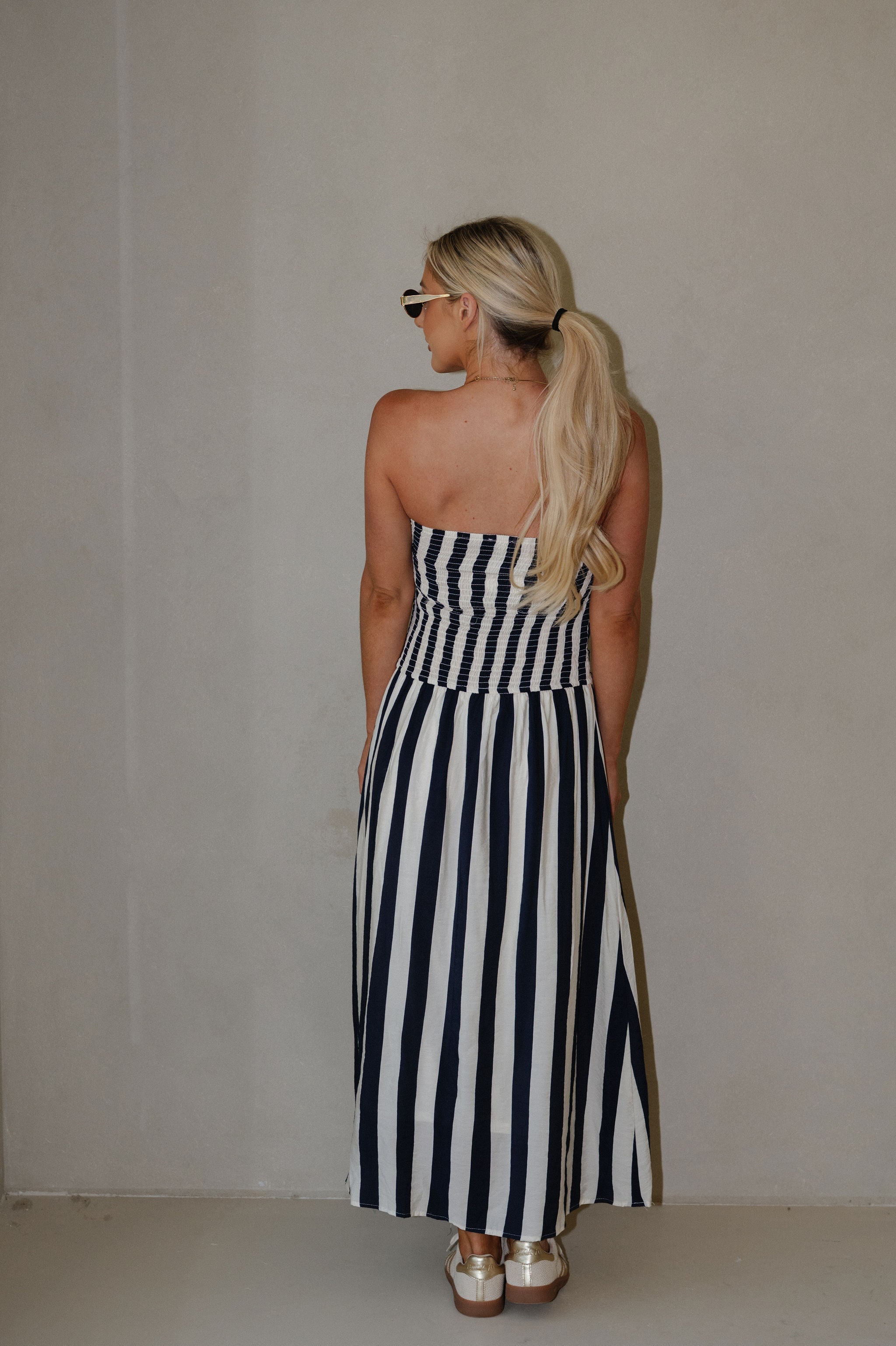 Vertical Stripe Strapless Midi Dress-Navy