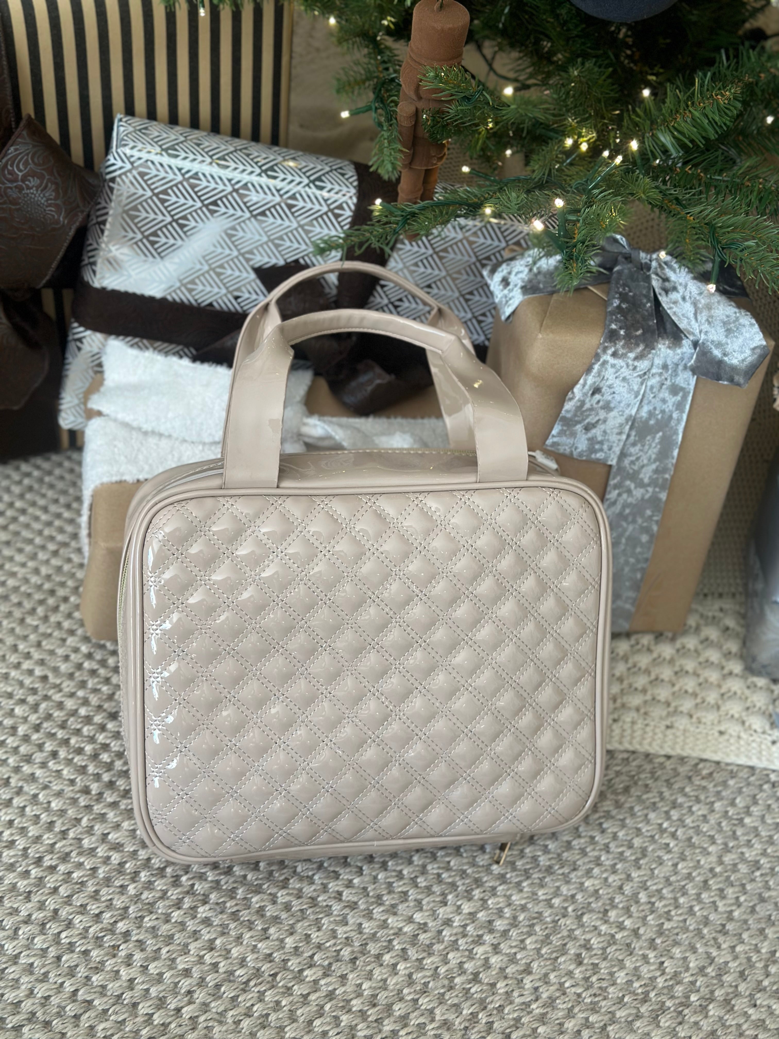 Patent Leather Quilted Makeup Bag- Nude