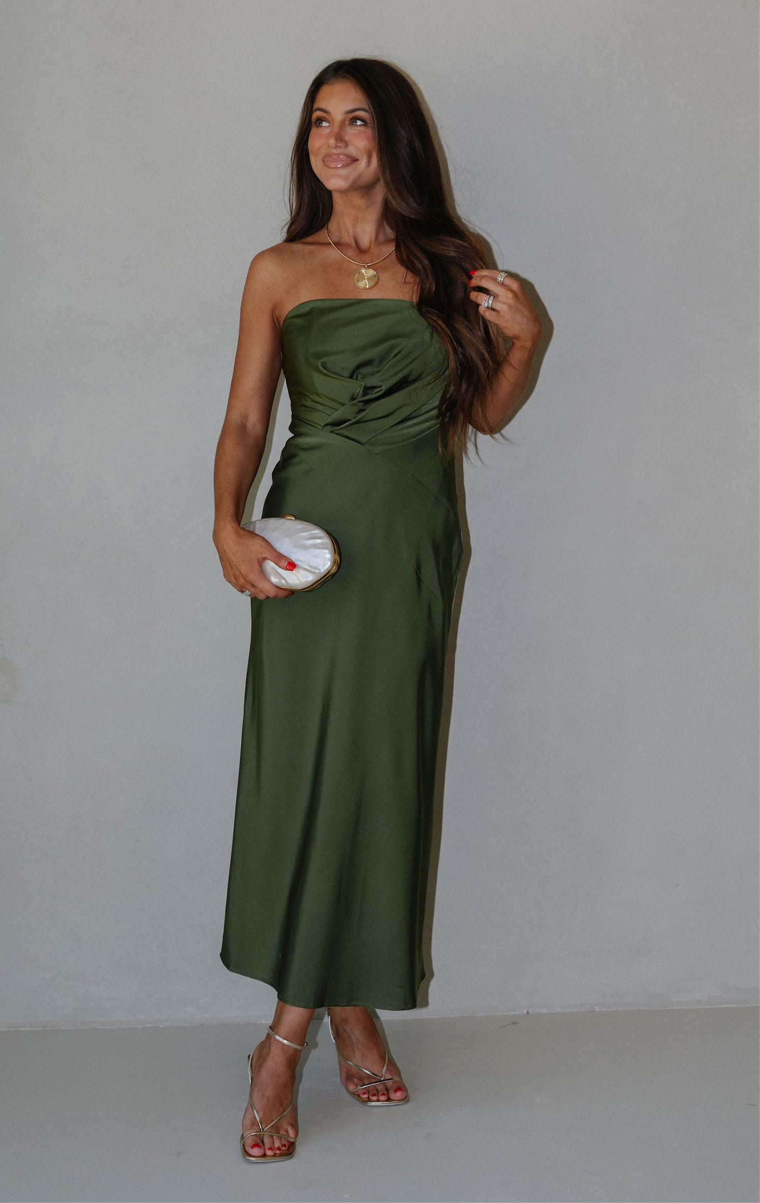 Gathered Strapless Midi Dress-Olive