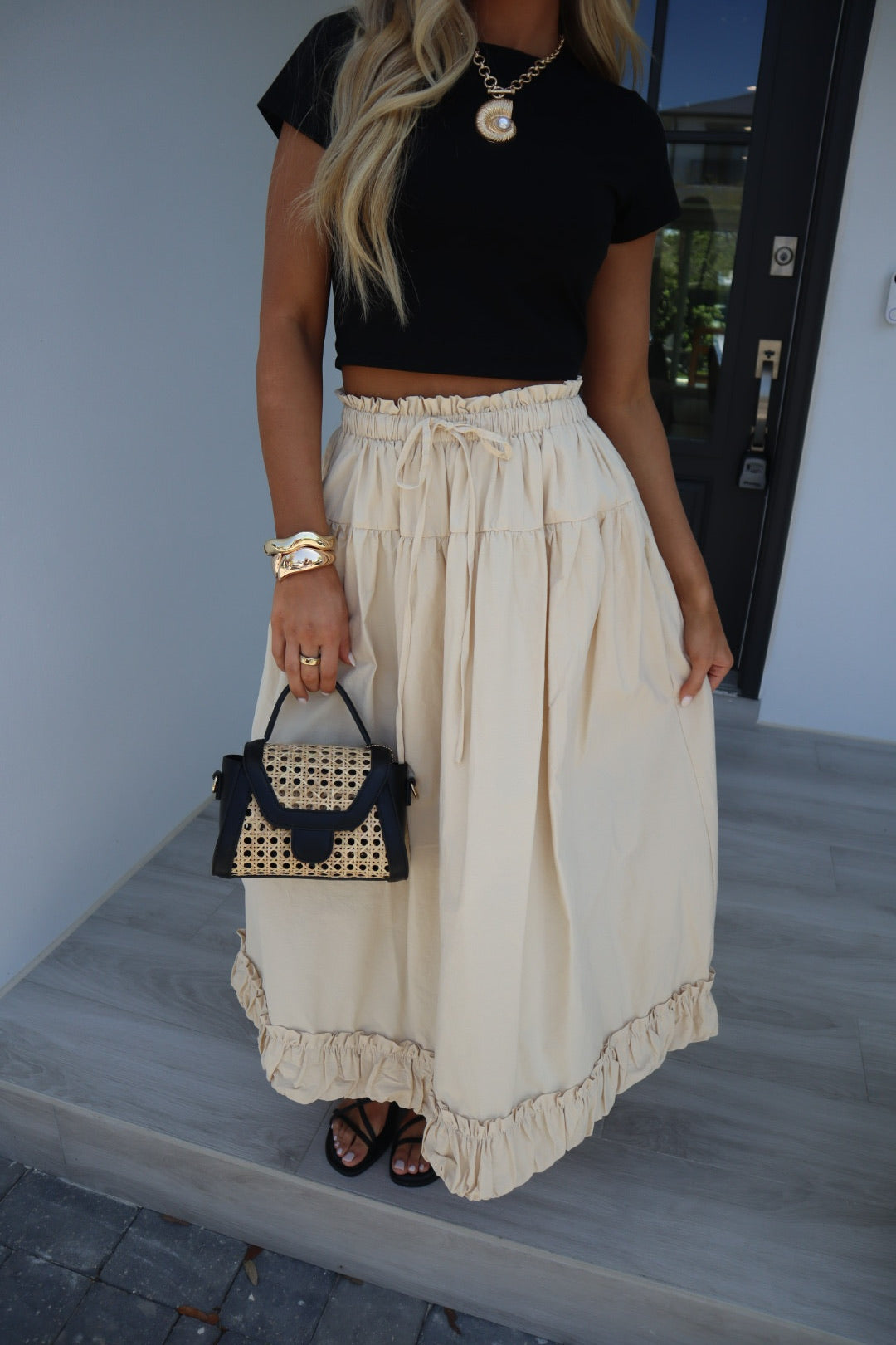 Balloon Hem Midi Skirt-Light Beige
