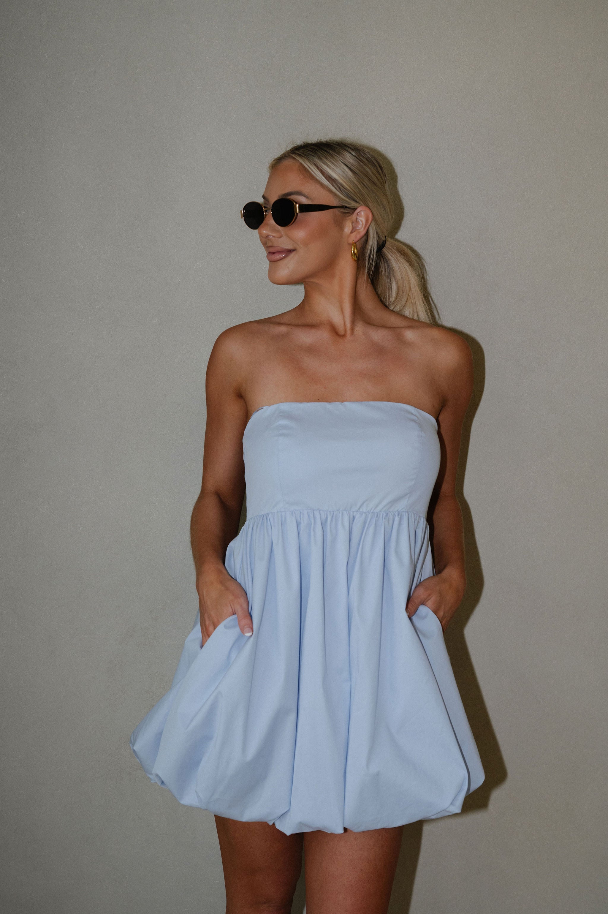 Poplin Bubble Mini Dress-Baby Blue
