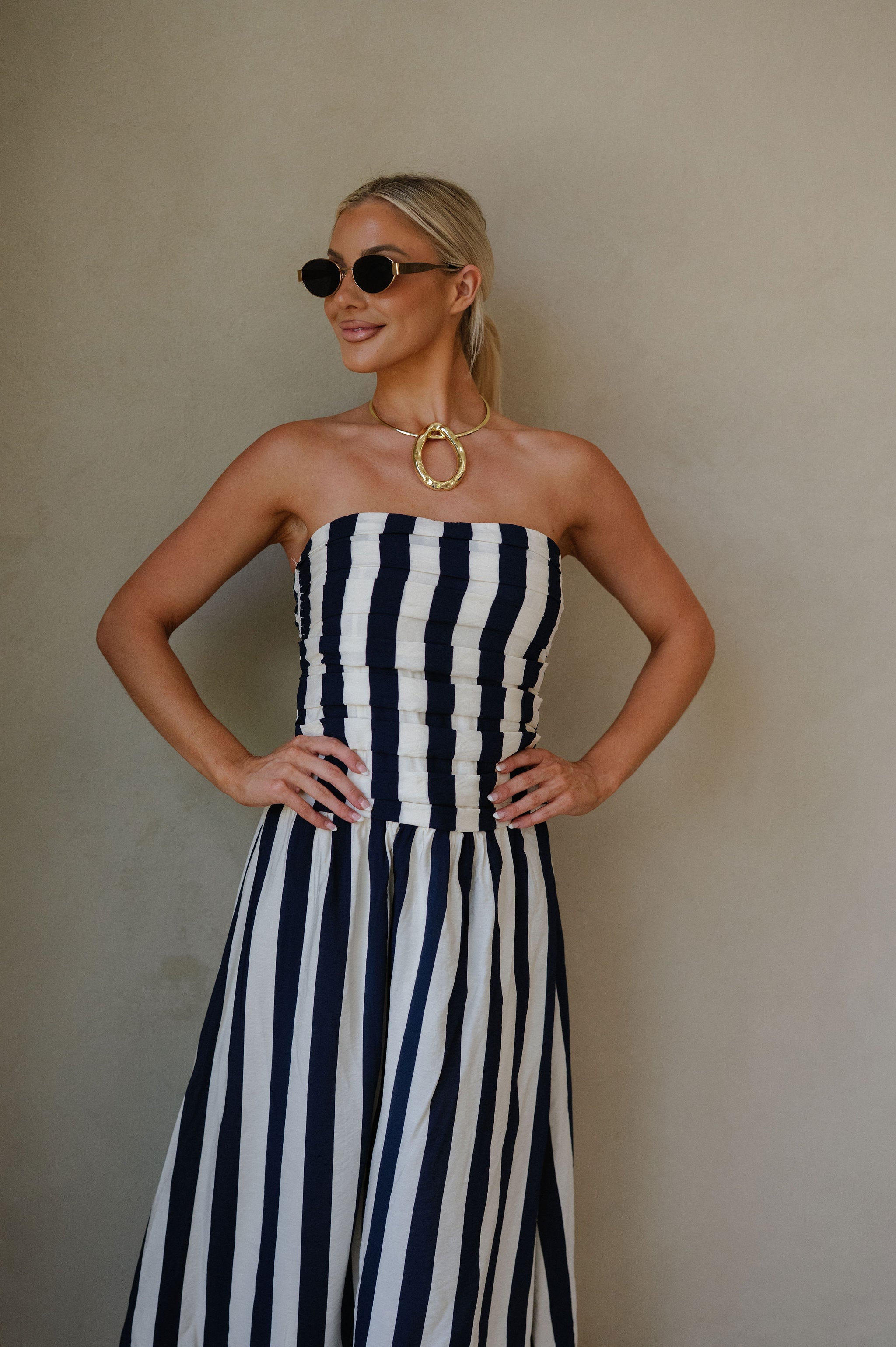 Vertical Stripe Strapless Midi Dress-Navy