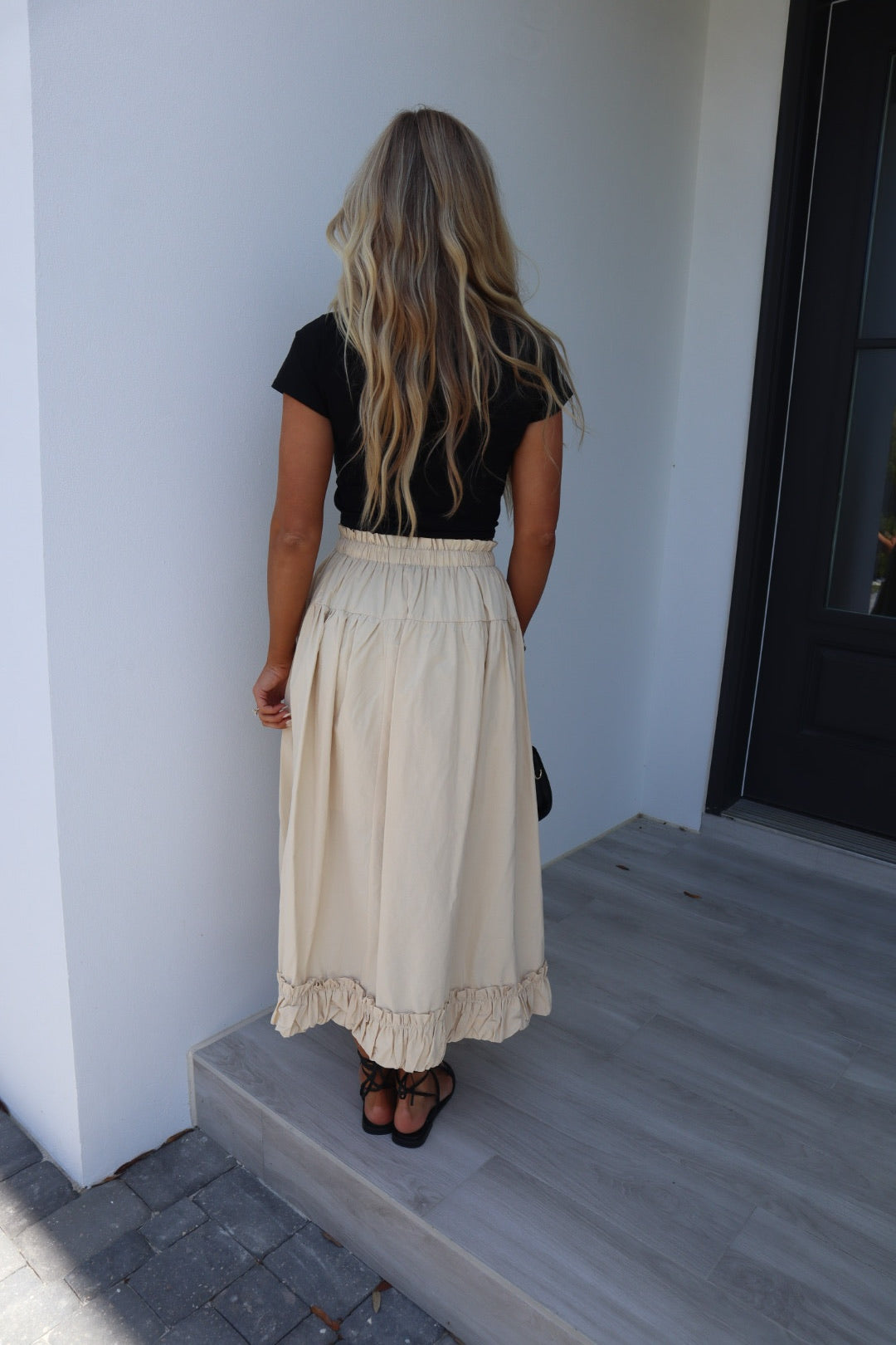 Balloon Hem Midi Skirt-Light Beige