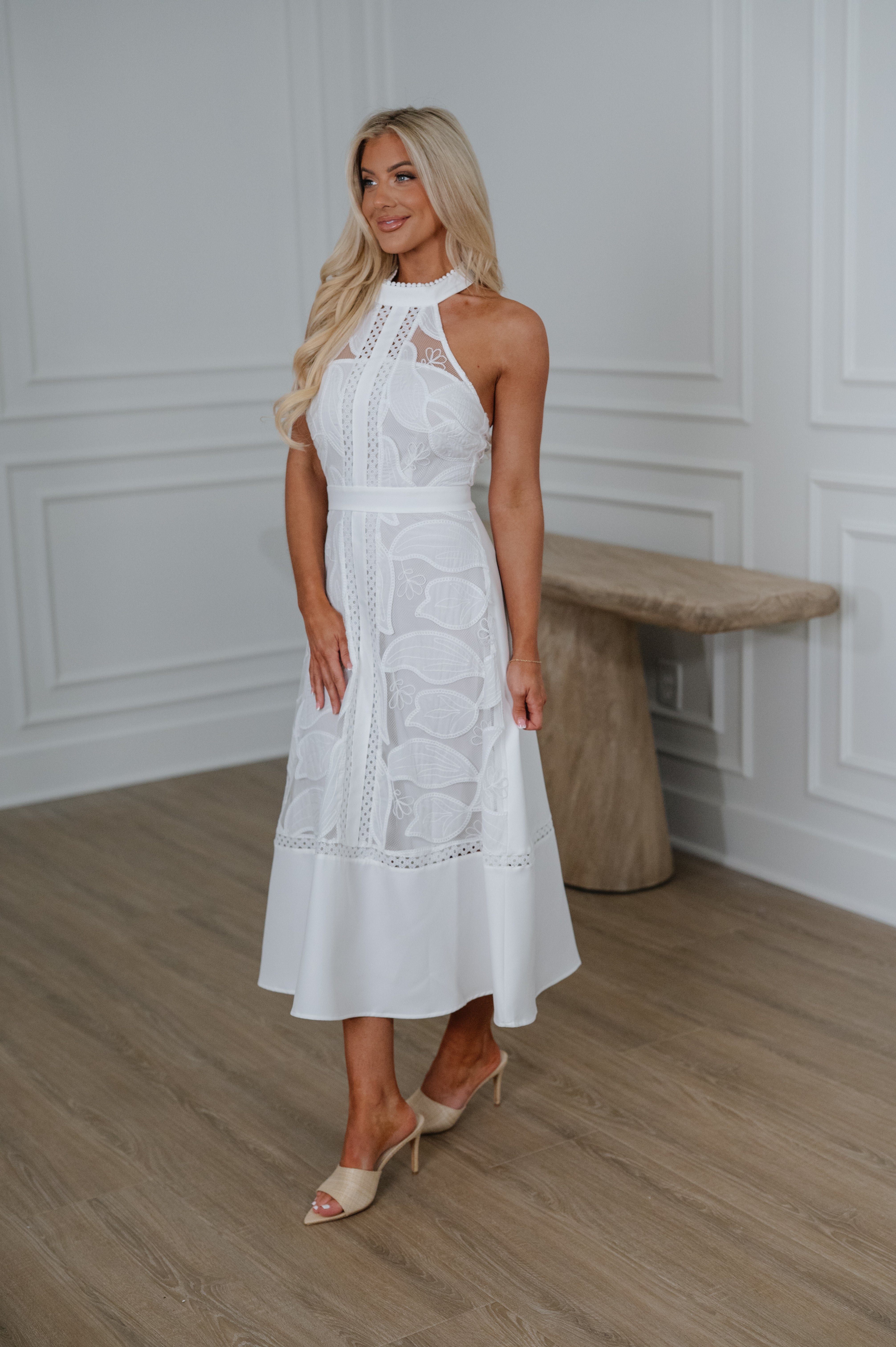 Elegant Lace Midi Dress-White