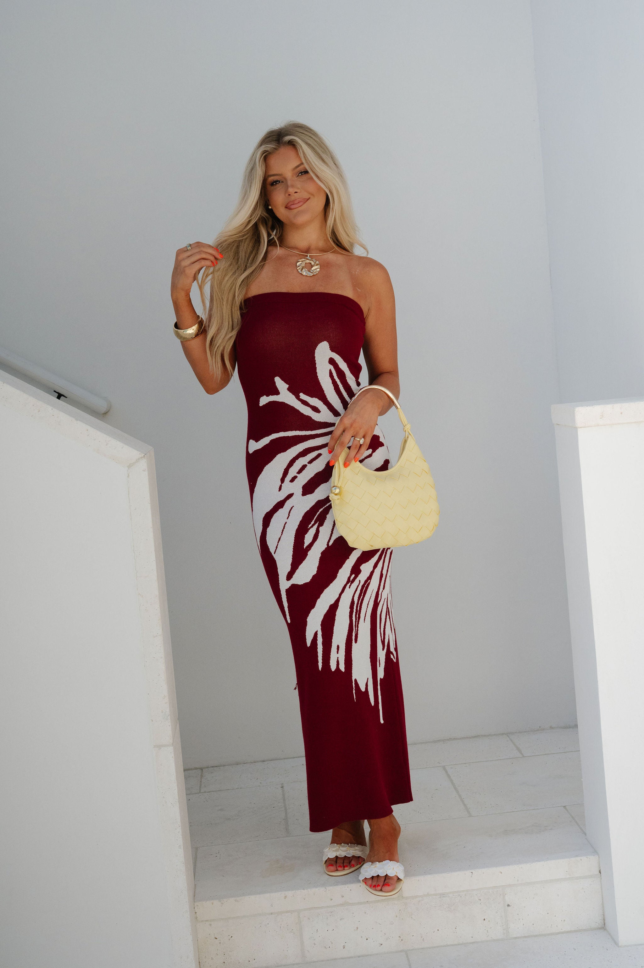 Gina Floral Knit Maxi Dress-Burgundy