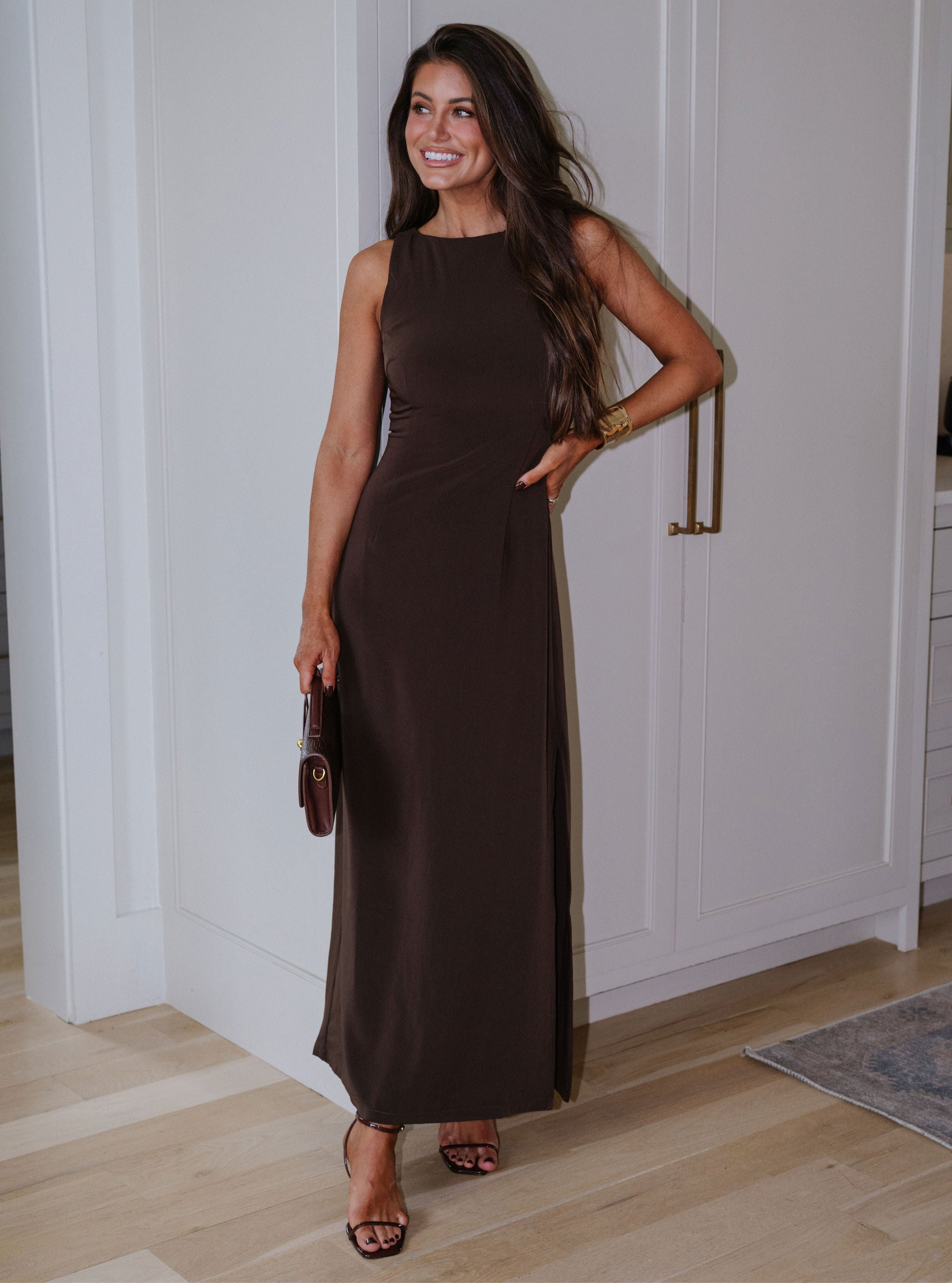 Tori Boat Neck Maxi Dress-Brown