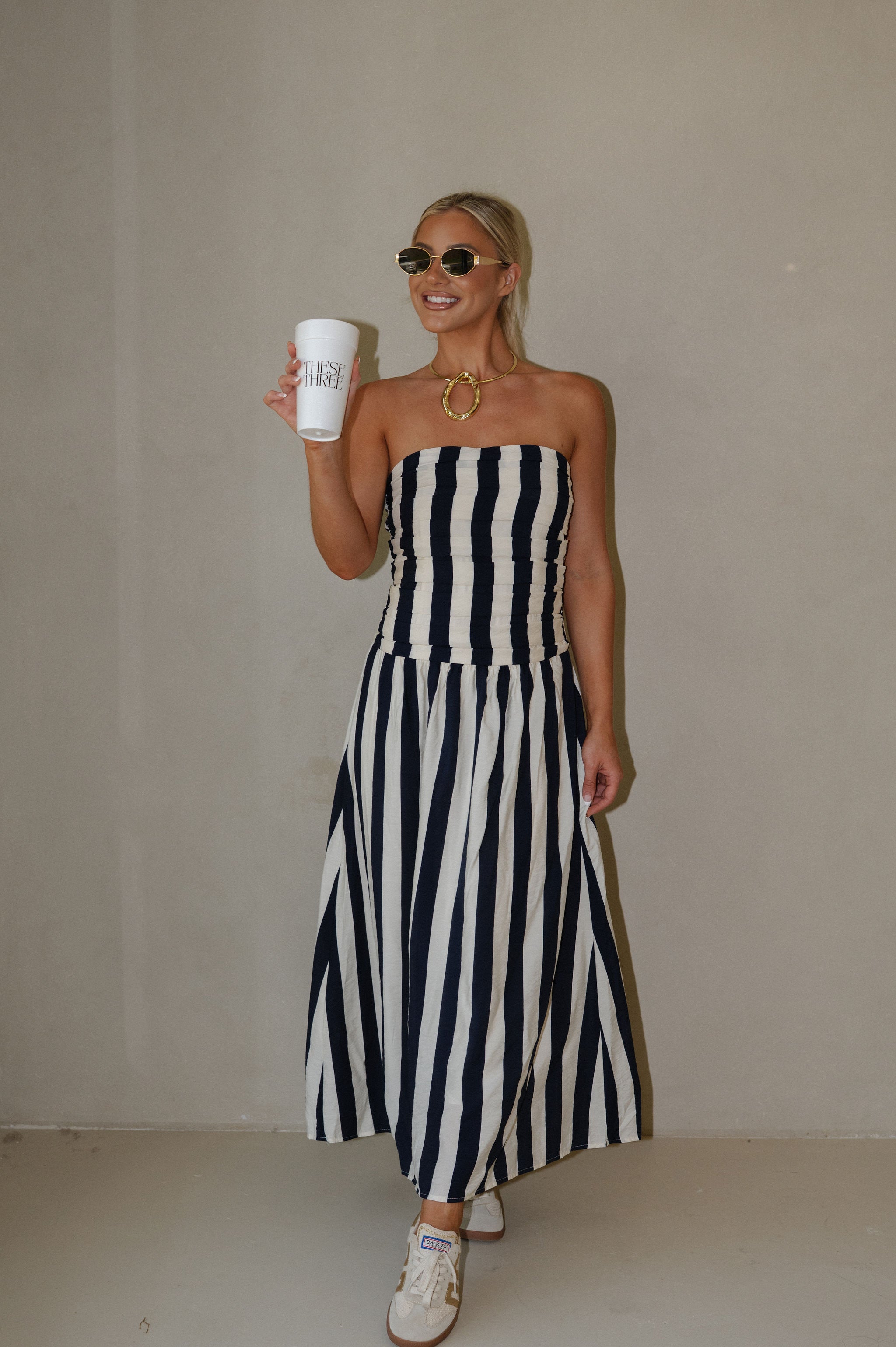 Vertical Stripe Strapless Midi Dress-Navy