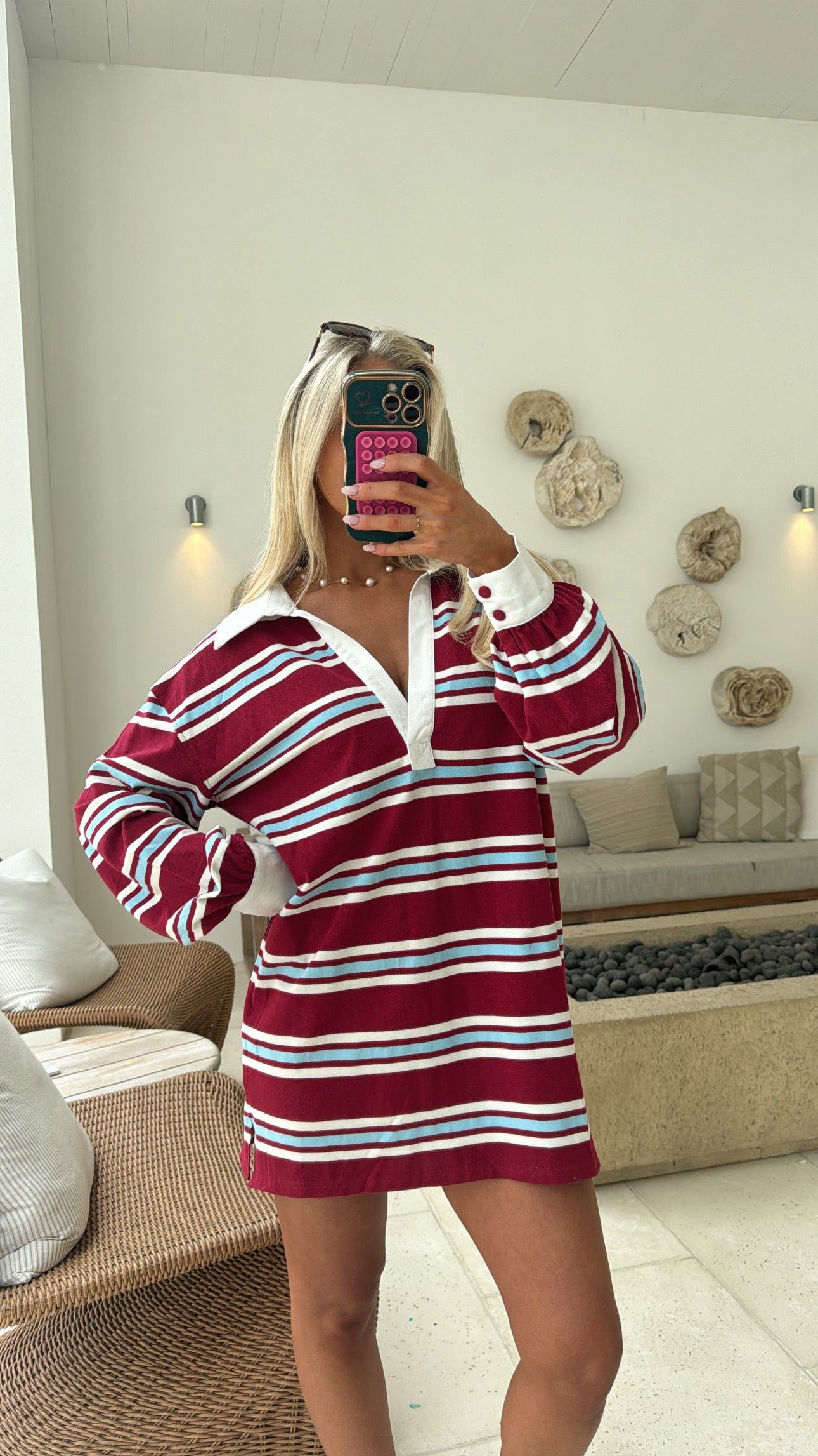 Collared Striped Varsity Dress-Burgundy