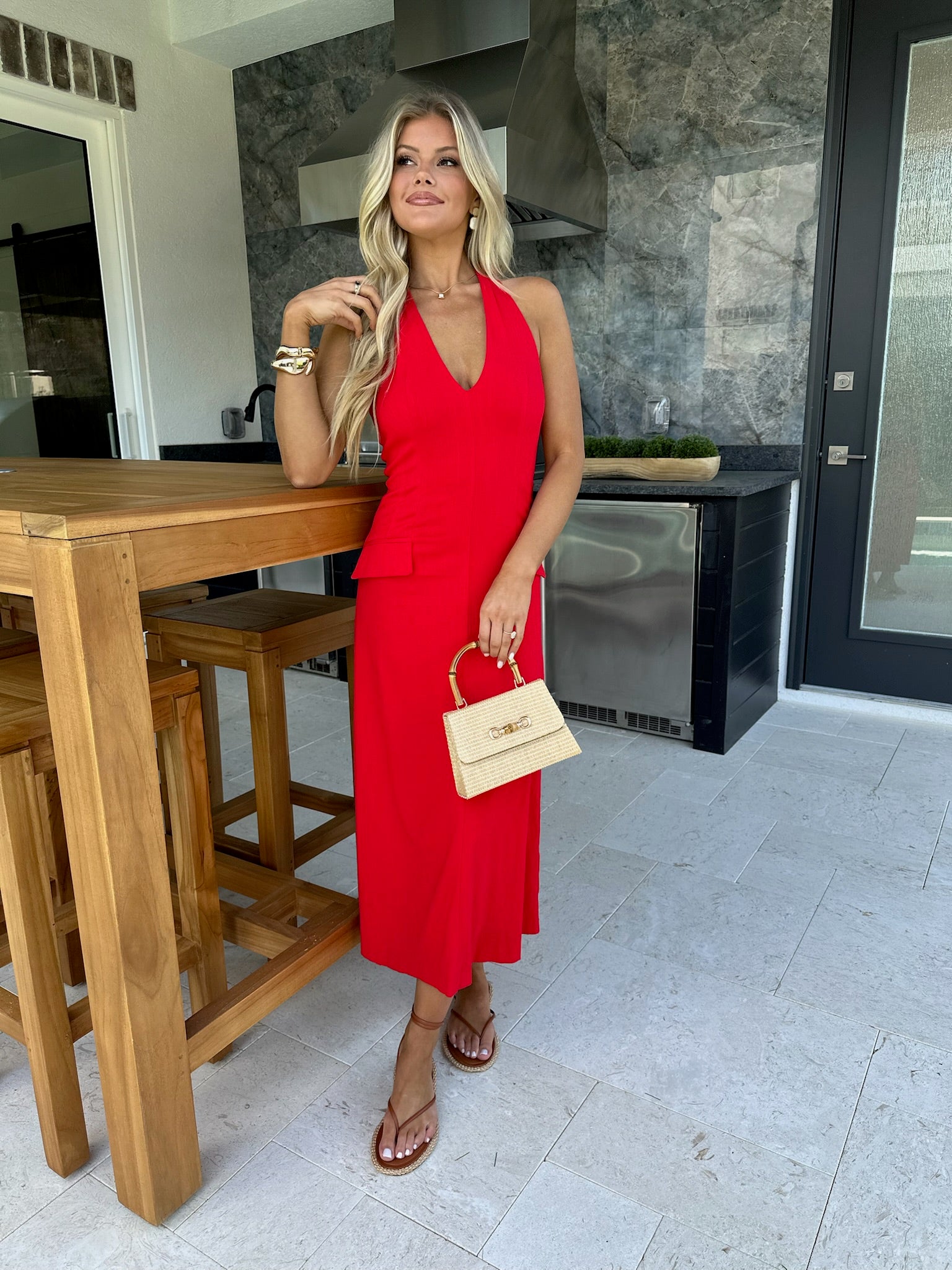 Tavern Halter Midi Dress-Red