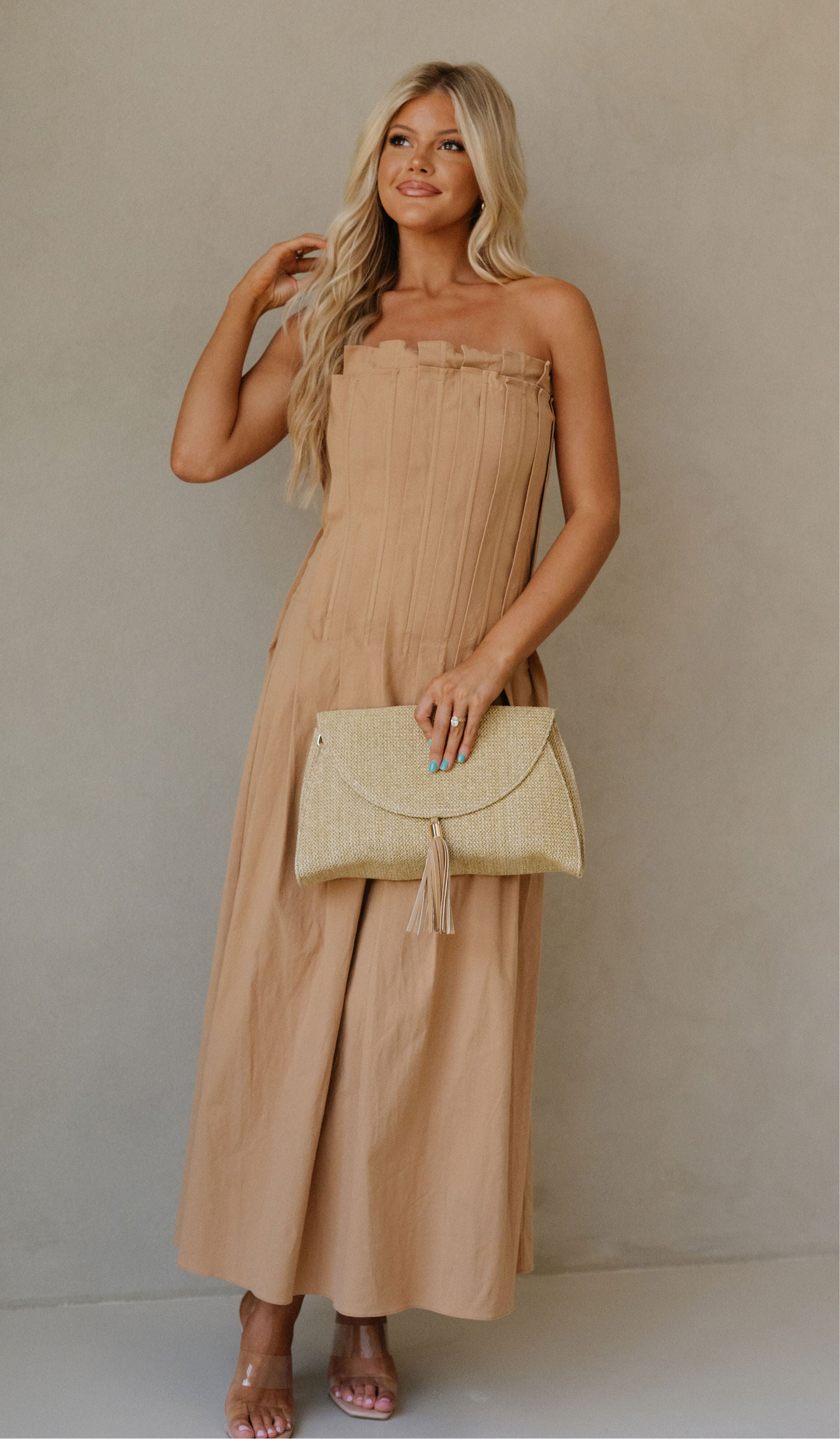 Pleat Detailed Maxi Dress-Taupe Pleat Detailed Maxi Dress-Taupe