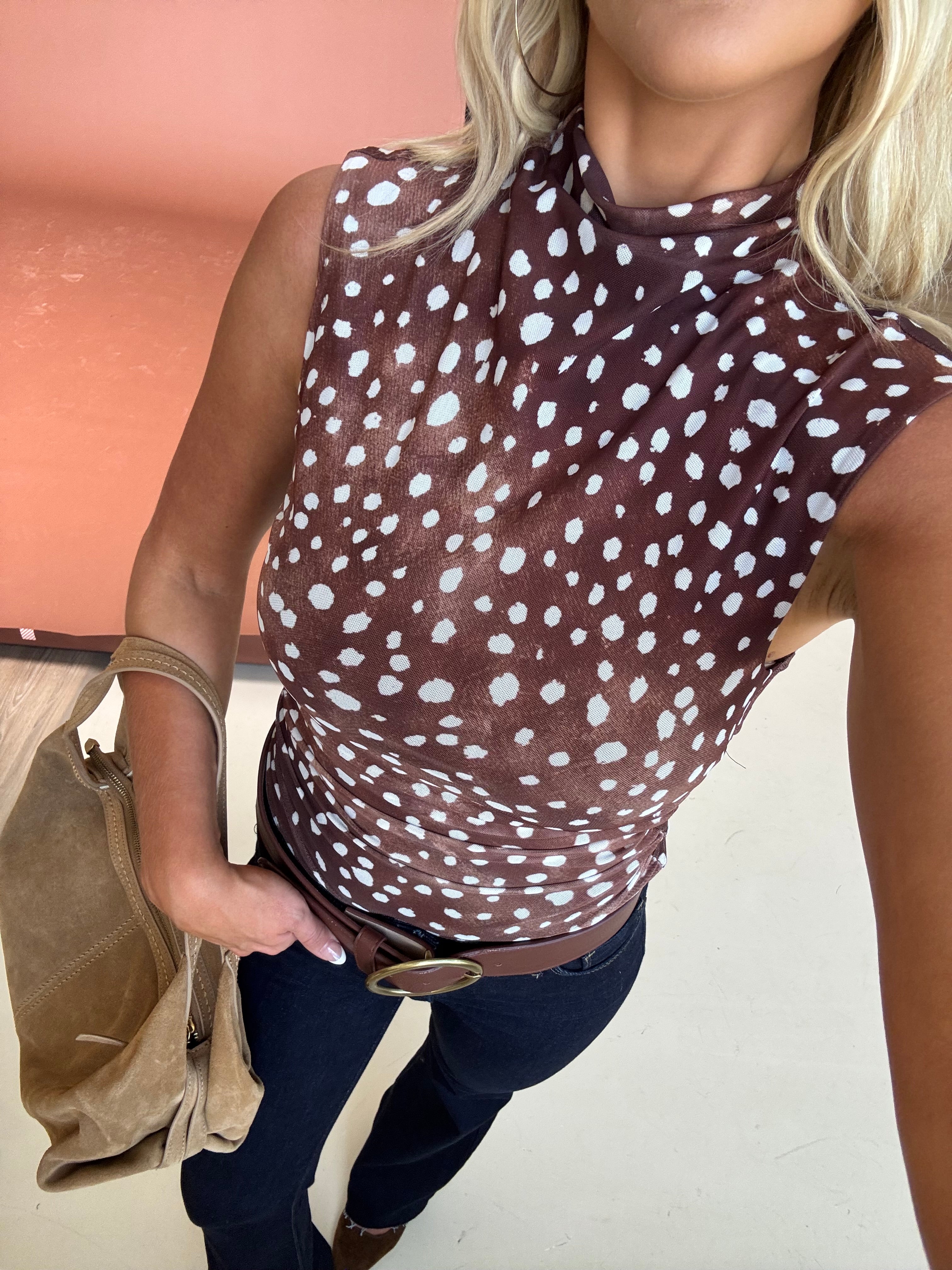 Ruched Mesh Top- Fawn