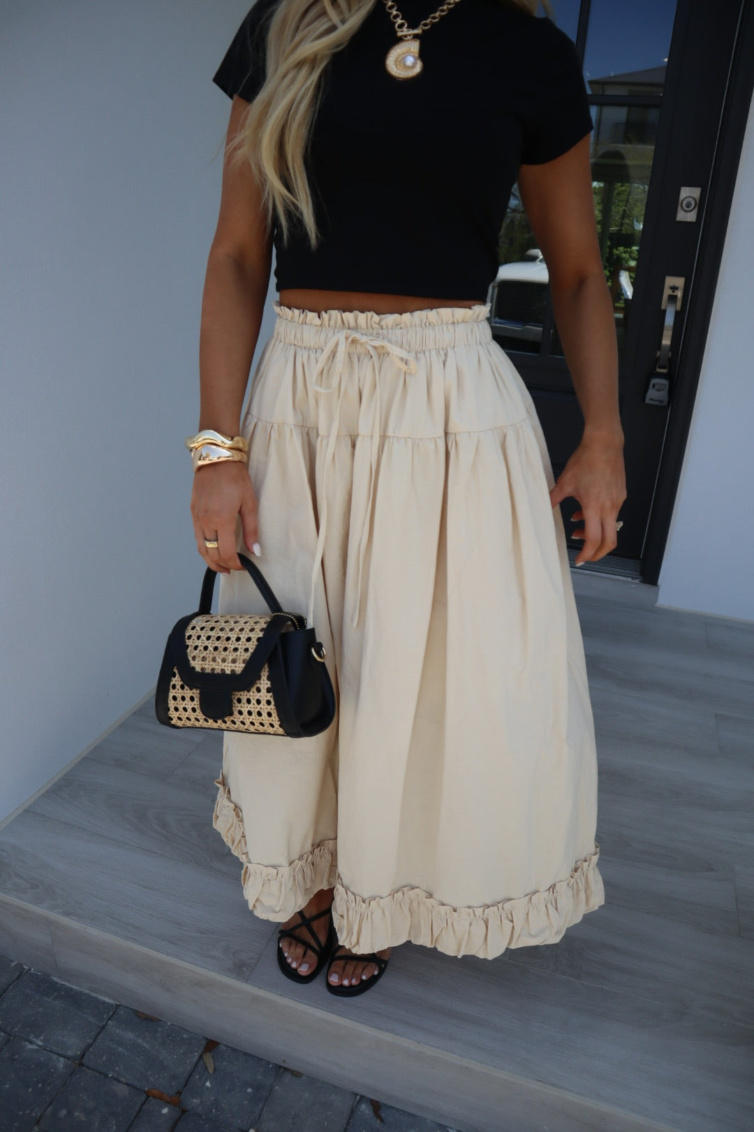 Balloon Hem Midi Skirt-Light Beige