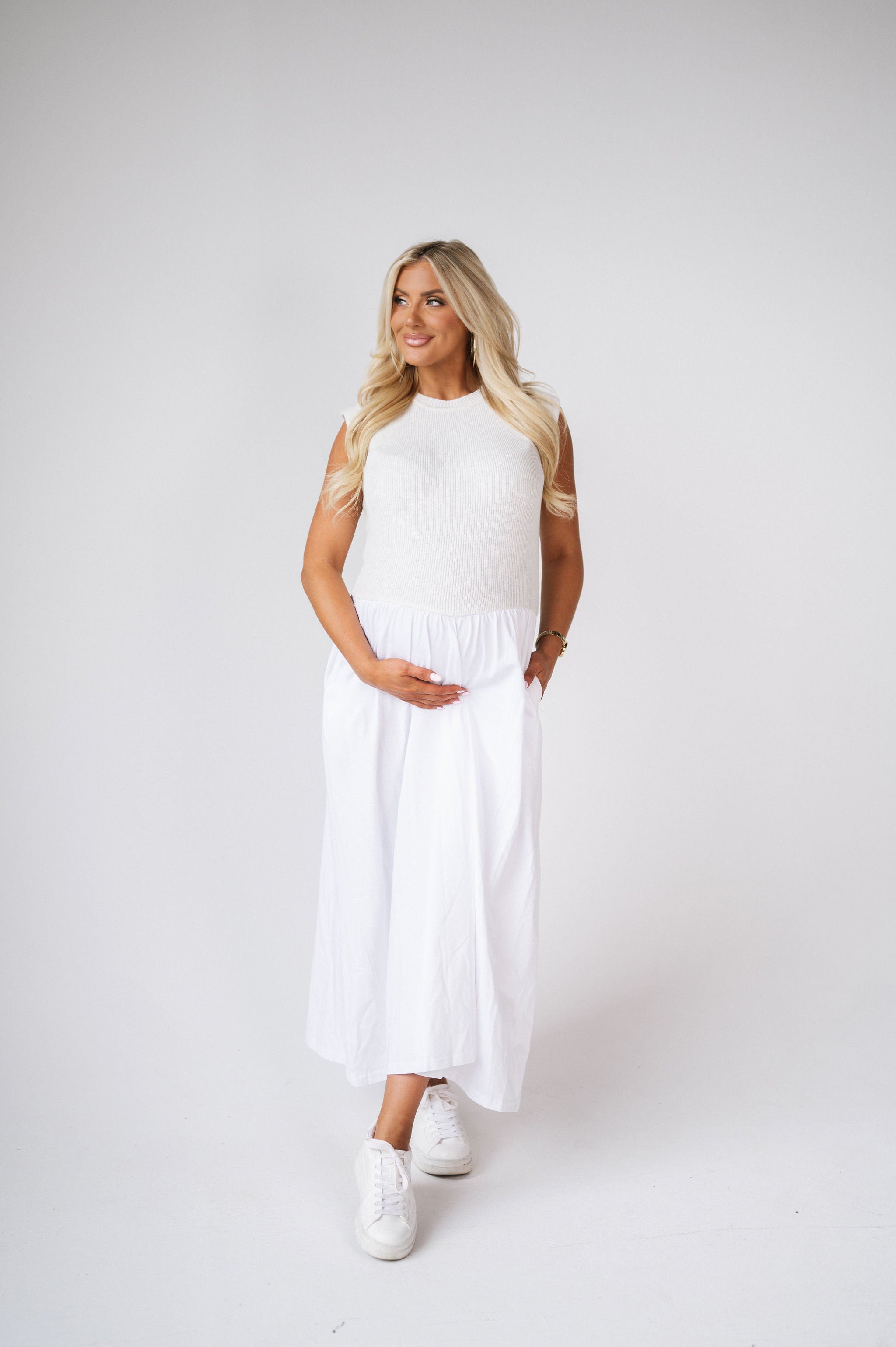 Cap Sleeve Pleated Dress- White ...