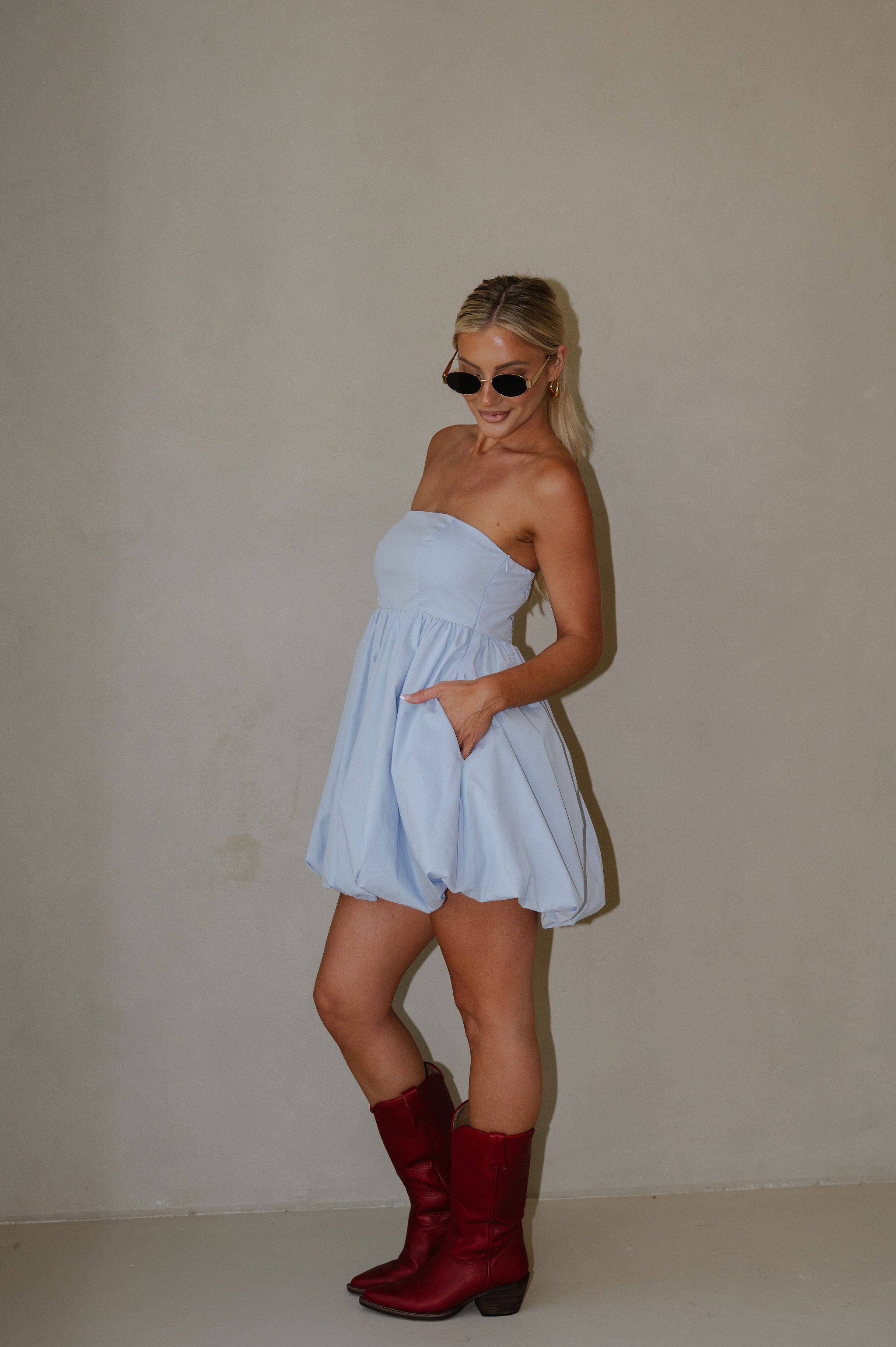 Poplin Bubble Mini Dress-Baby Blue