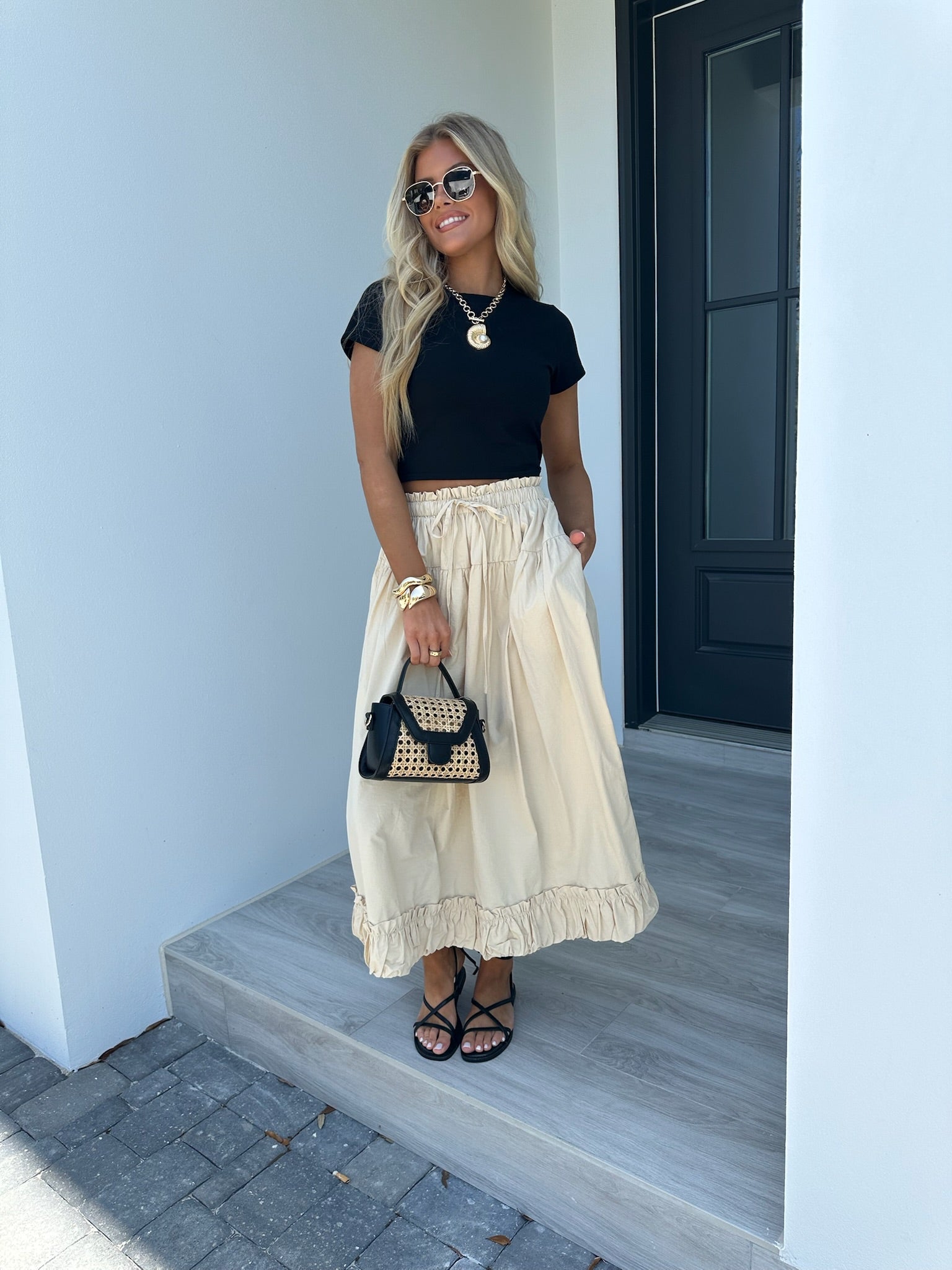 Balloon Hem Midi Skirt-Light Beige