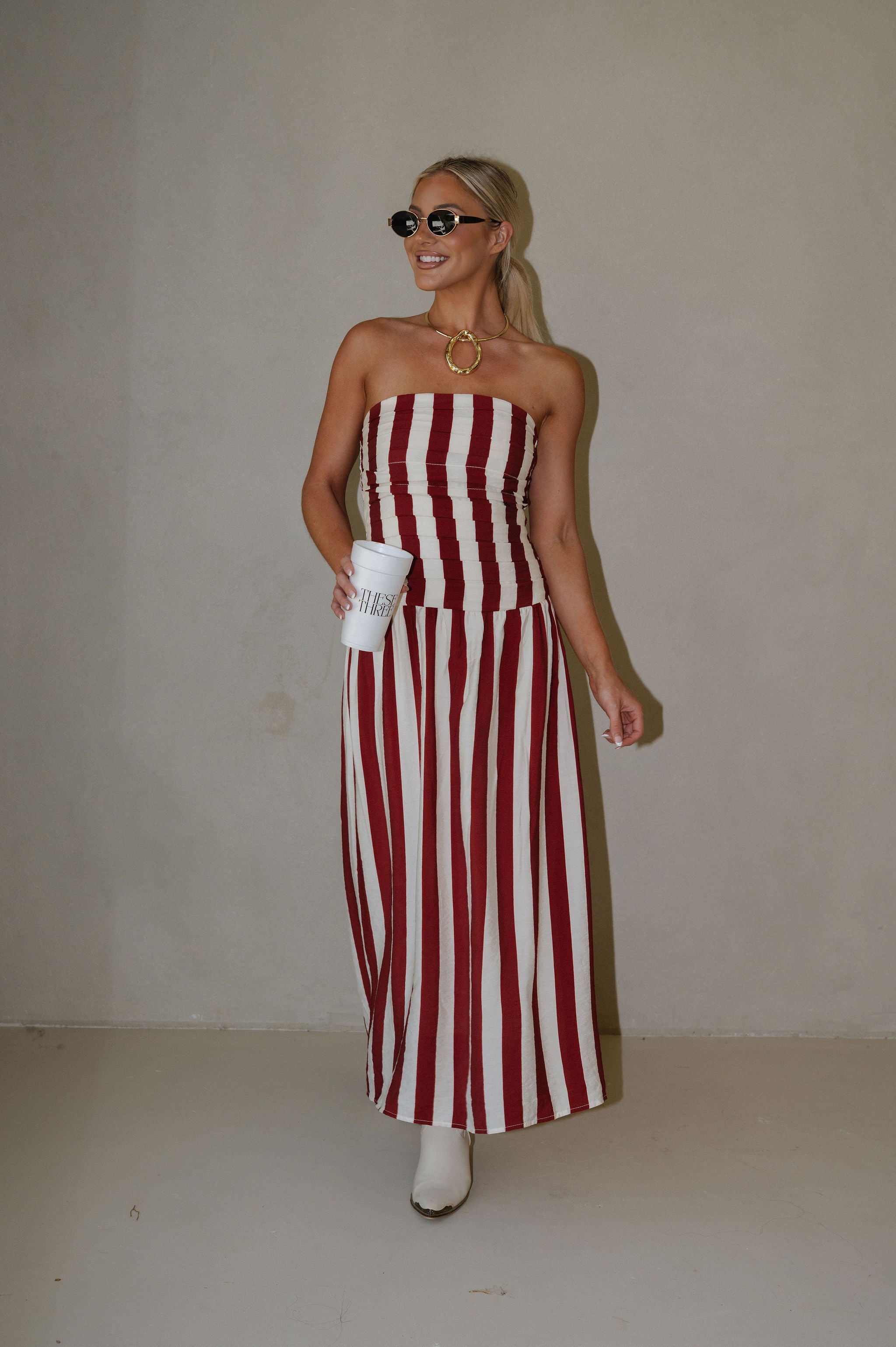 Vertical Stripe Strapless Midi Dress-Red