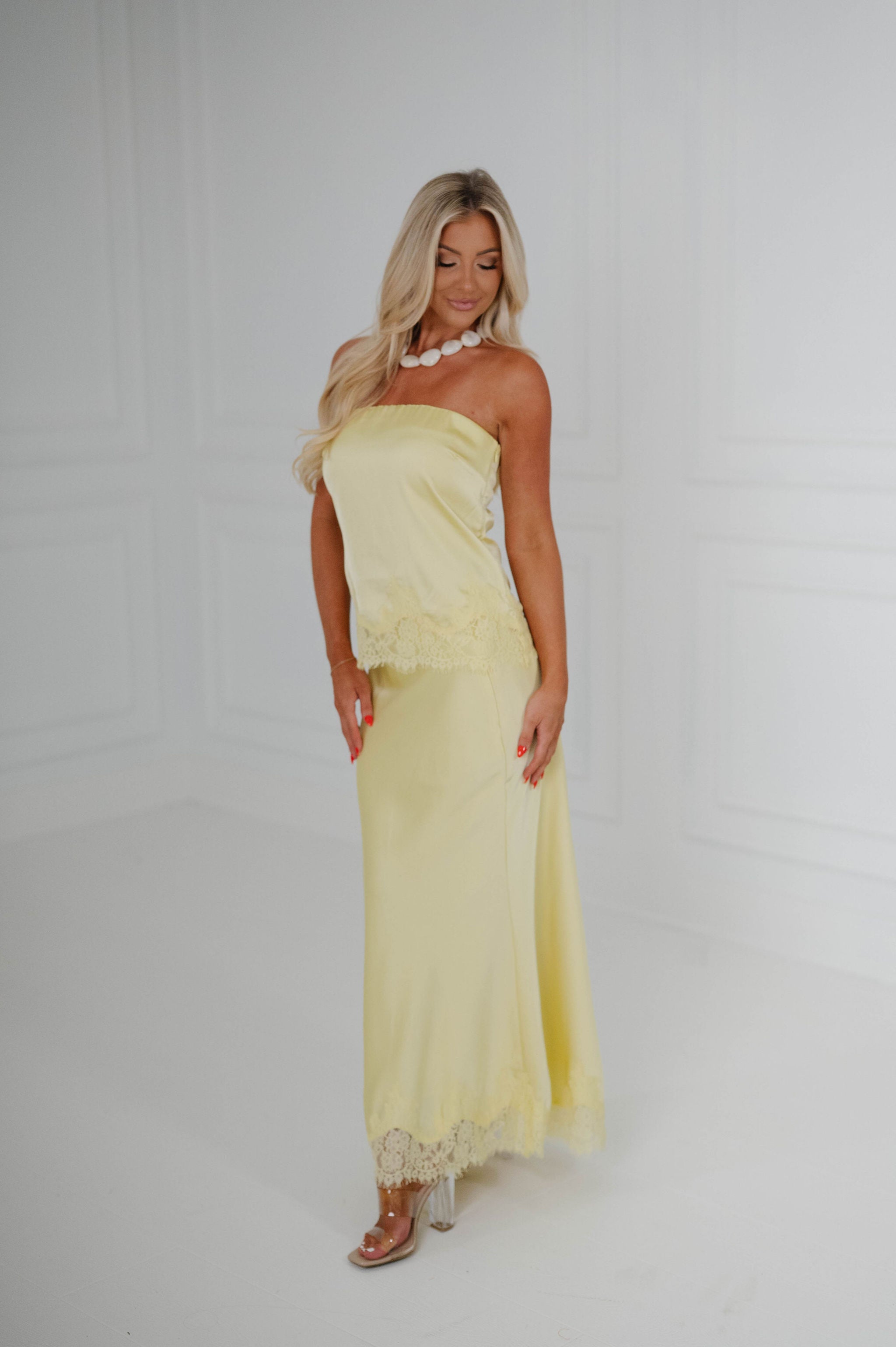 Zara Satin Lace Midi Skirt Set-Yellow