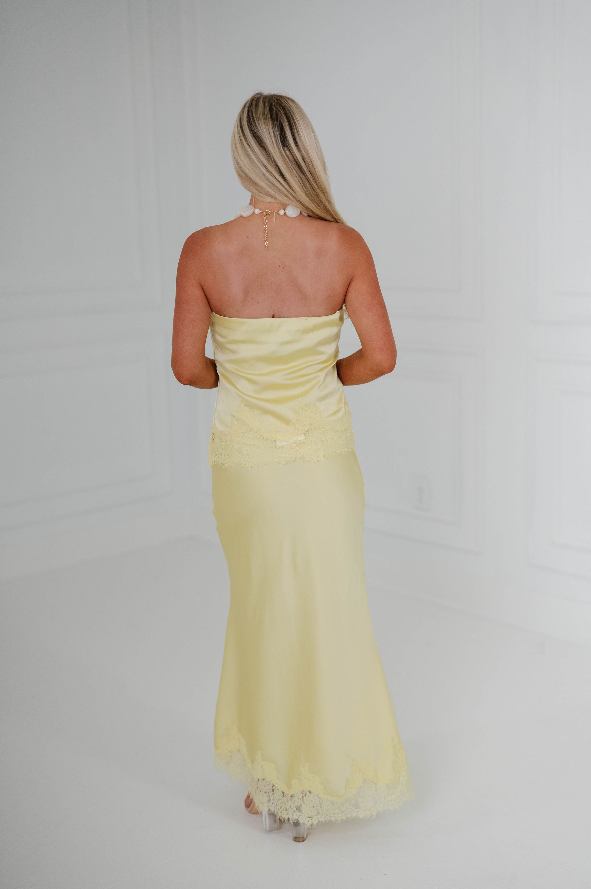 Zara Satin Lace Midi Skirt Set-Yellow