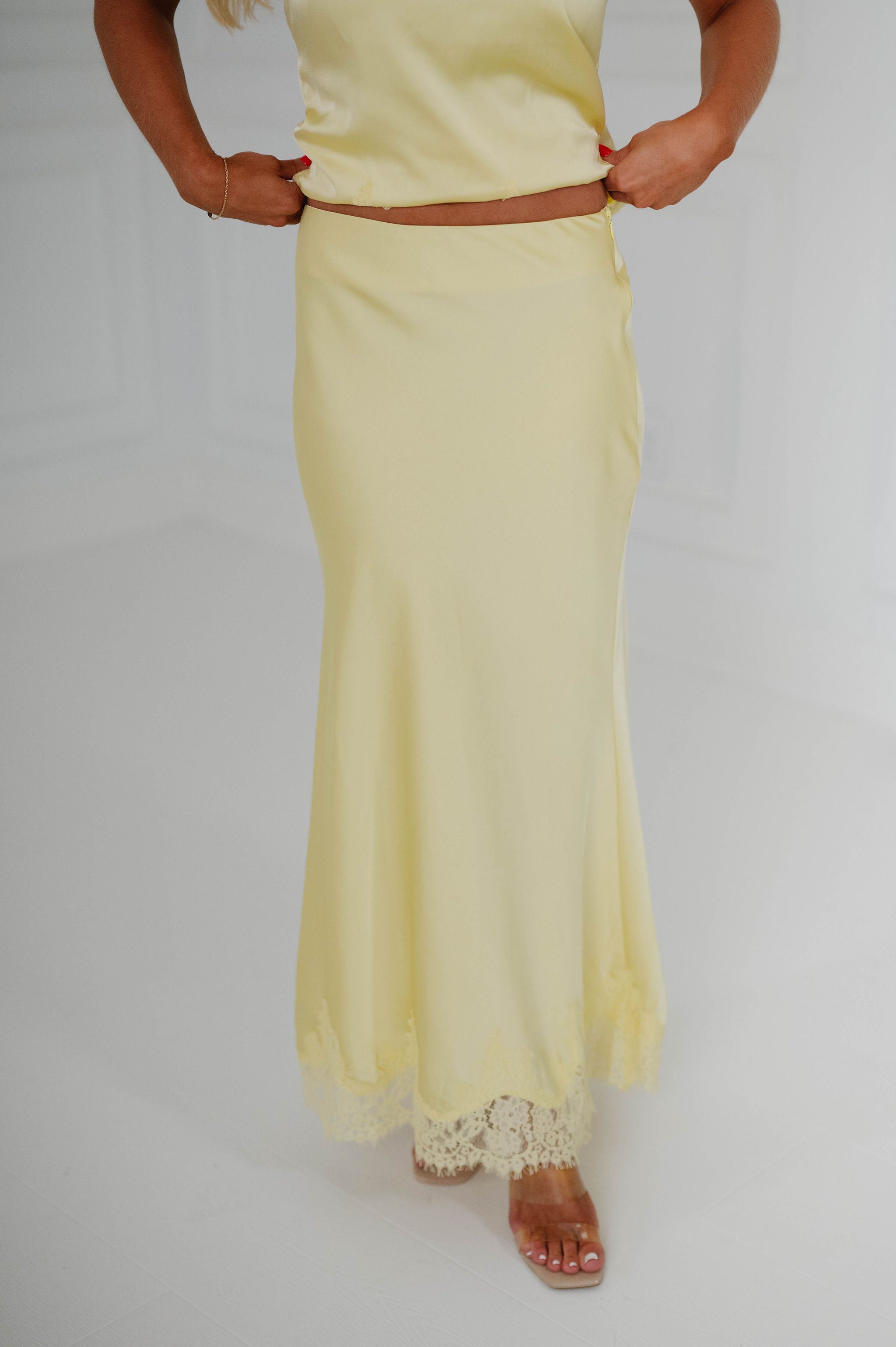 Zara Satin Lace Midi Skirt Set-Yellow